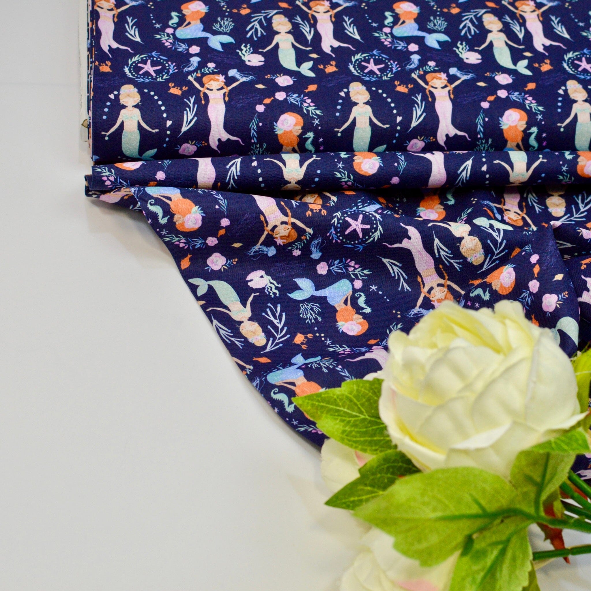 Baumwoll Popeline - Cute Mermaids - Navy Fabric poshpinks
