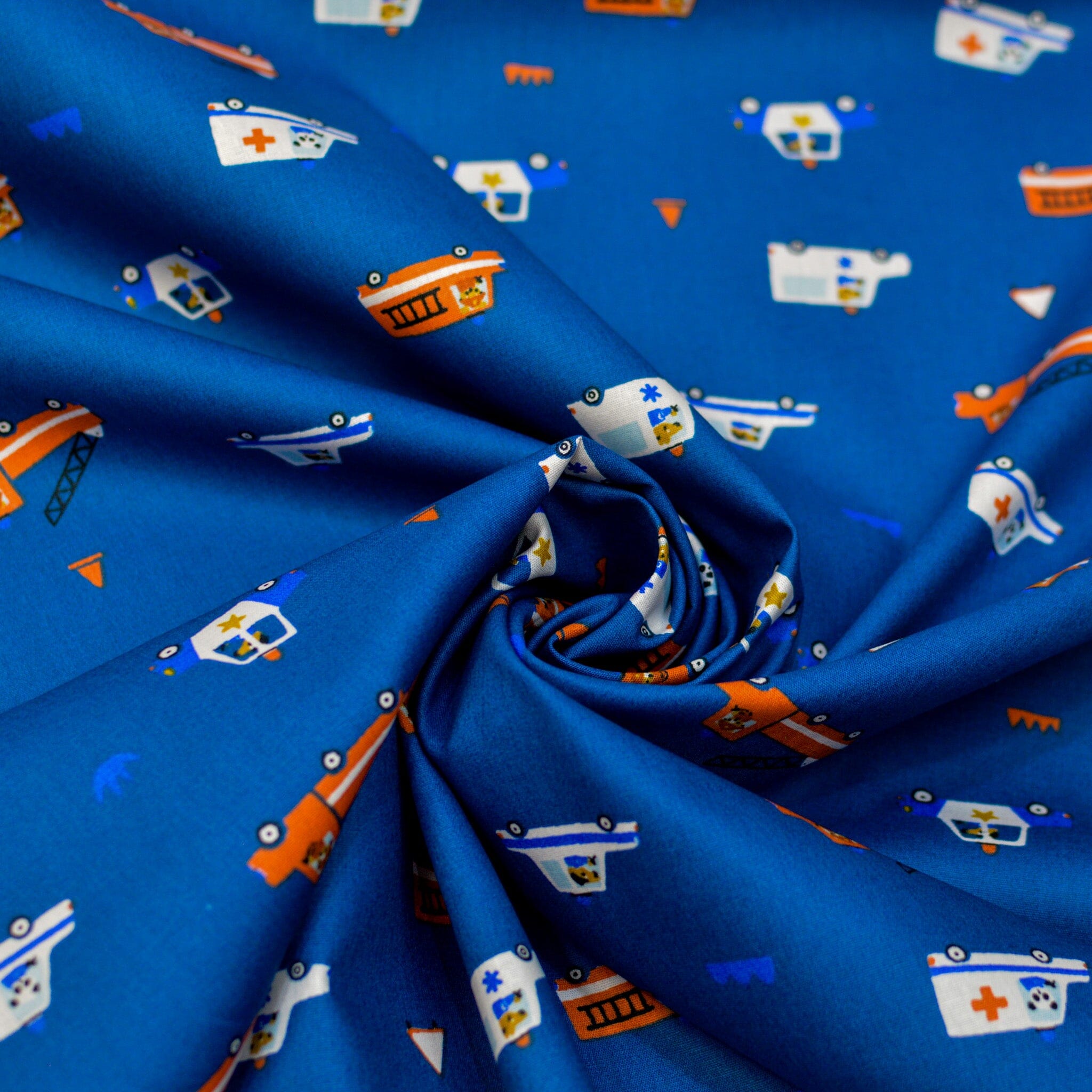 Baumwoll Popeline Flowers - Firefighter Cars - cobalt orange Fabric poshpinks