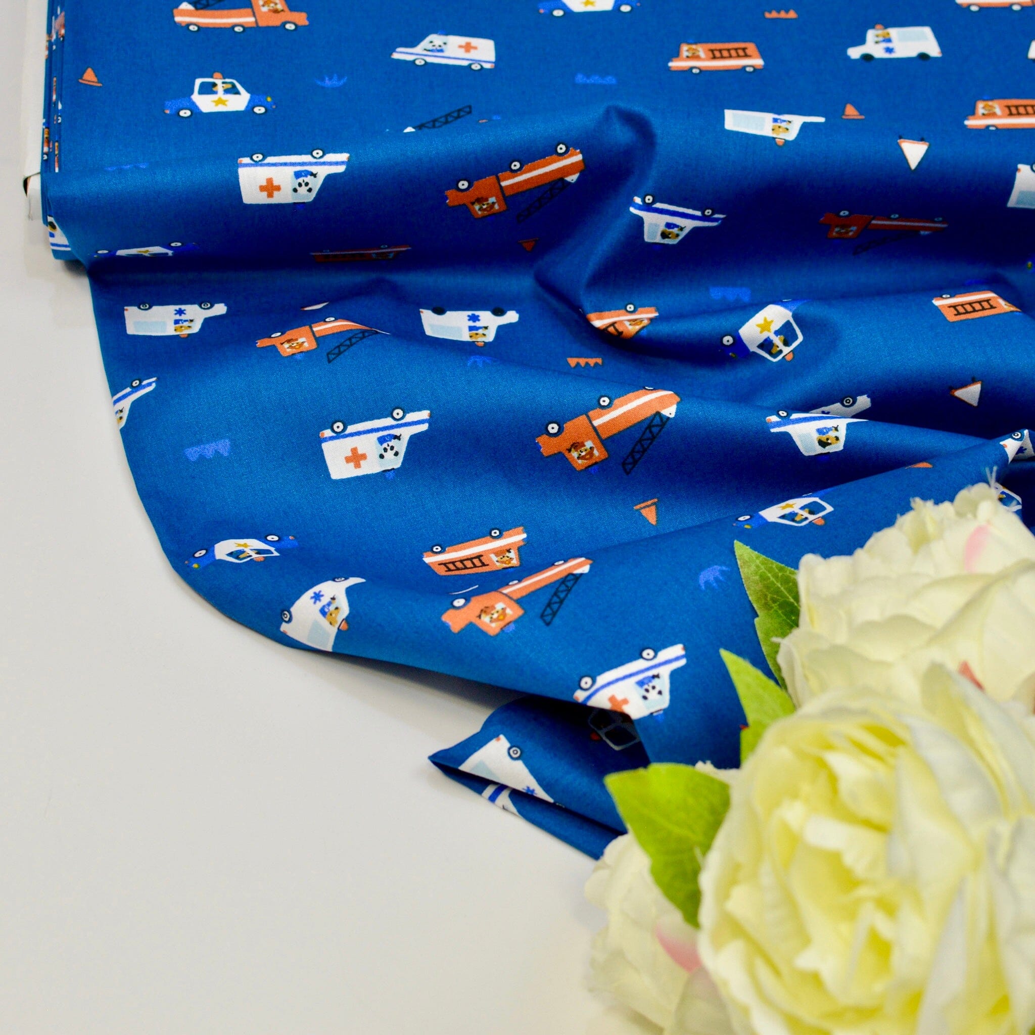 Baumwoll Popeline Flowers - Firefighter Cars - cobalt orange Fabric poshpinks