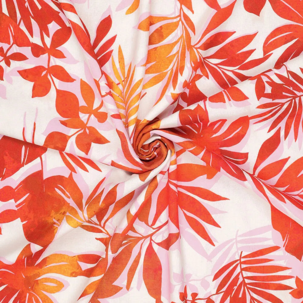 Viskose Leinen - Druck Blätter Rot pink Fabric poshpinks