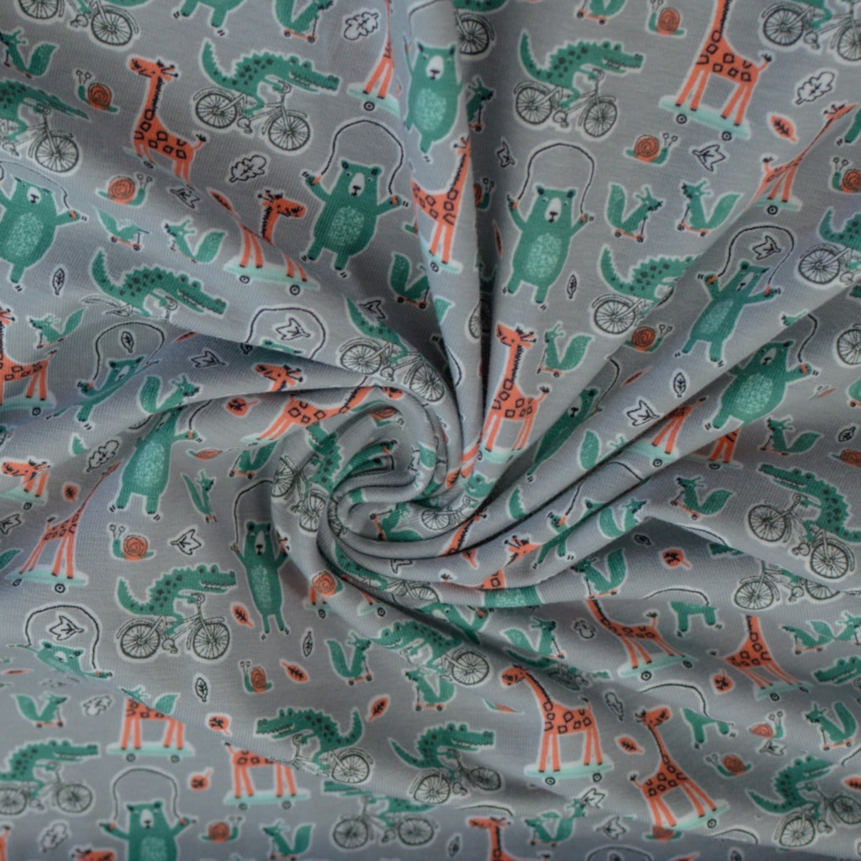 Baumwolljersey aus Schweden - Zootiere türkisgrün auf grau Fabric poshpinks