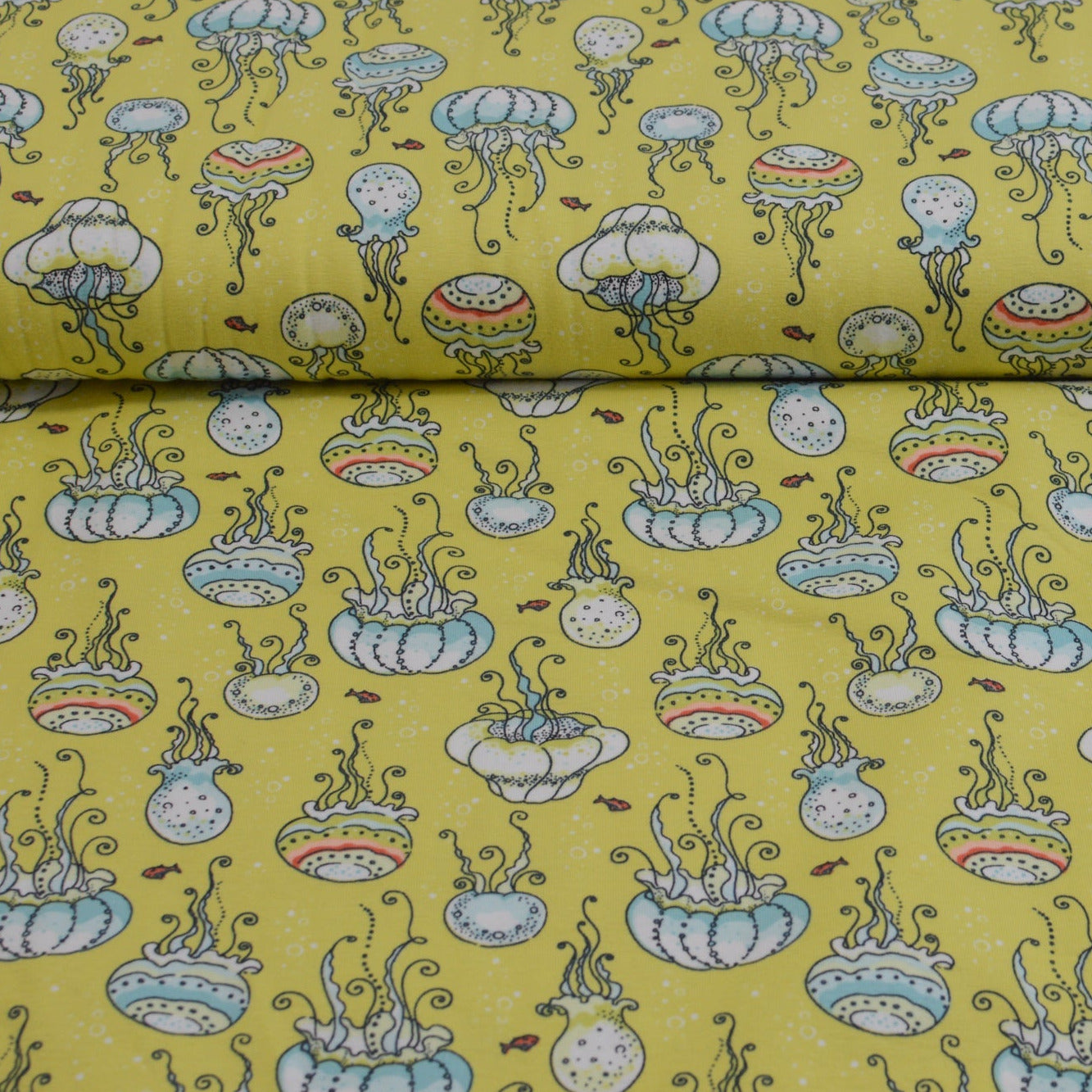 Baumwolljersey - Quallen auf Softgelb Fabric poshpinks