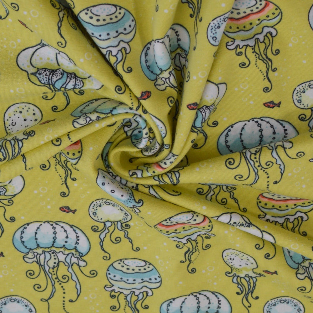 Baumwolljersey - Quallen auf Softgelb Fabric poshpinks