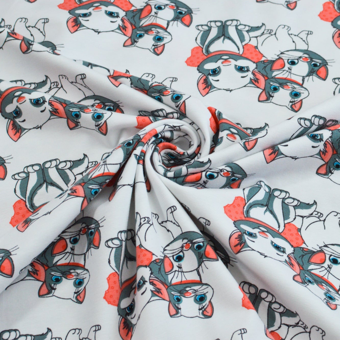 Baumwolljersey - Katzen apricot grau auf weiß Fabric poshpinks