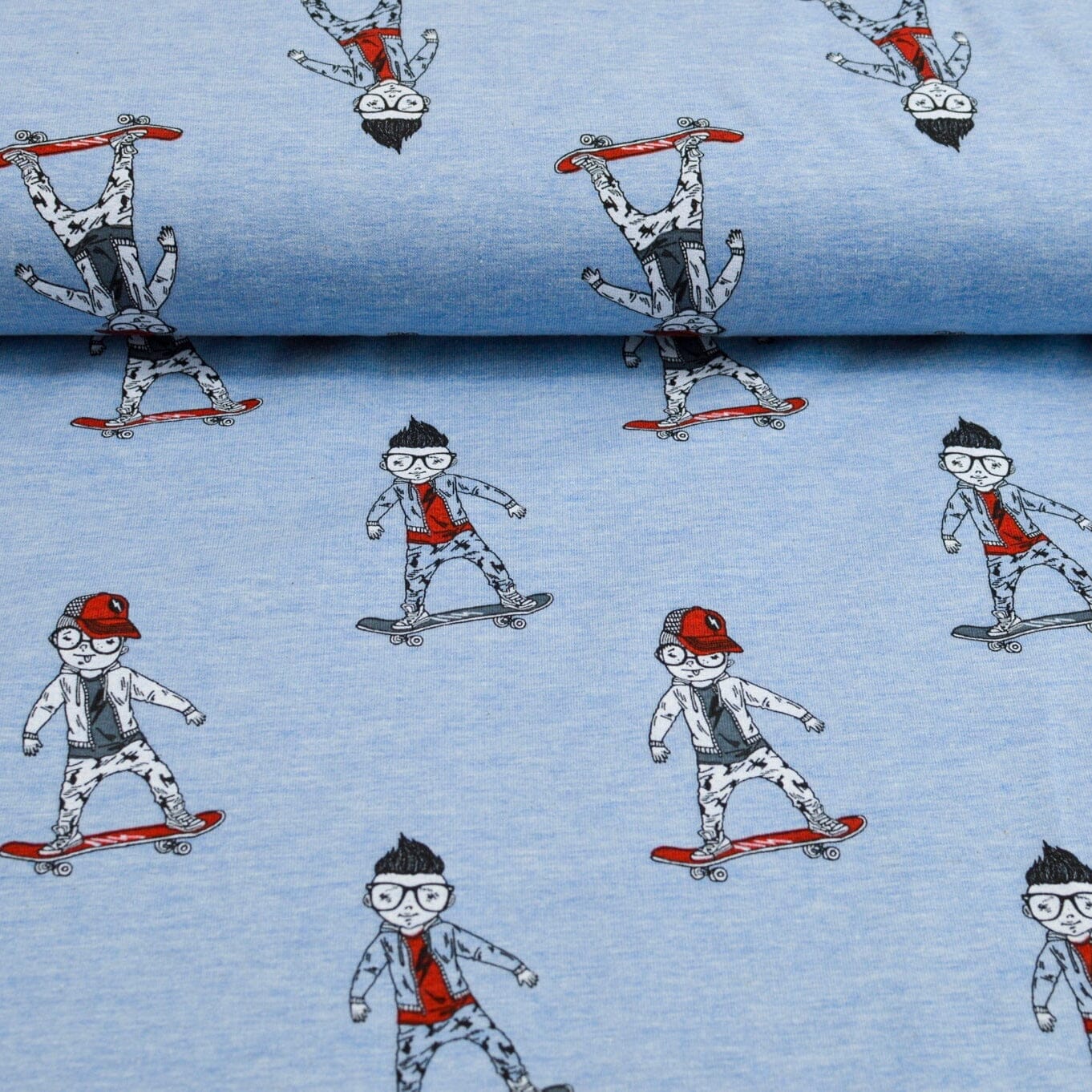 French Terry - Skaterboy auf hellblau melange Fabric poshpinks