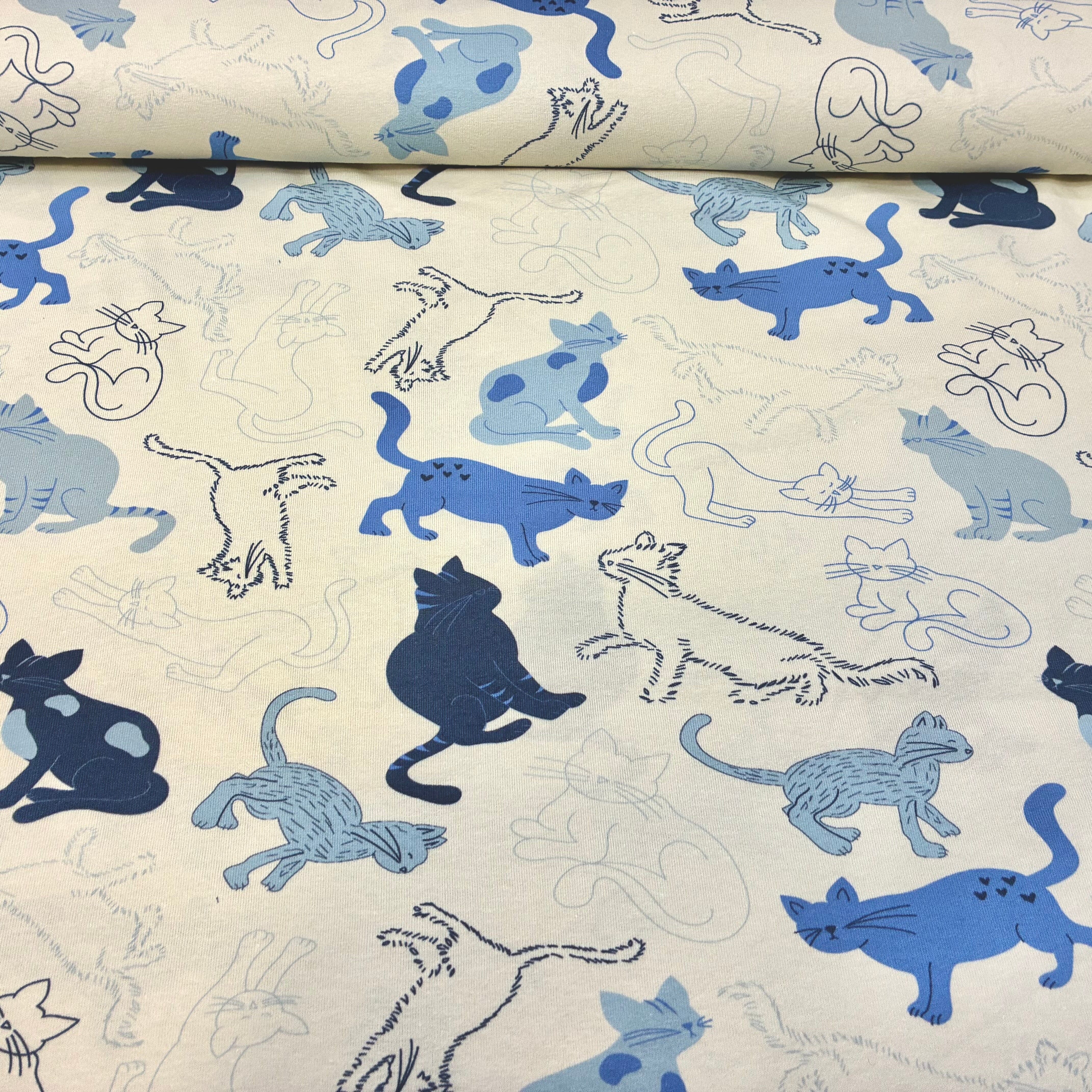 Baumwolljersey - Katzen - creme blau Fabric poshpinks