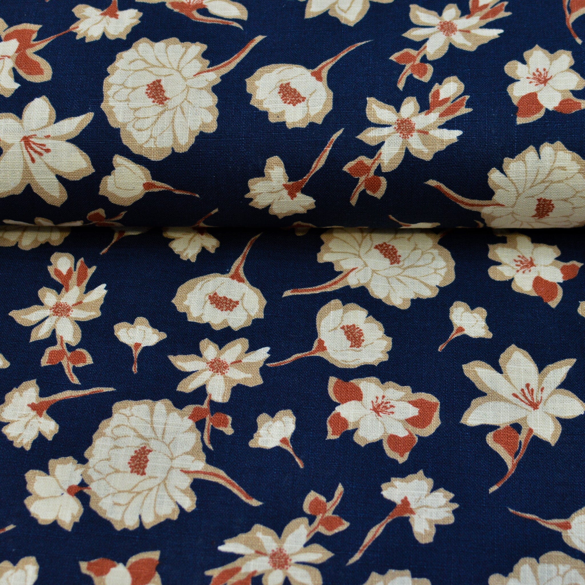 Leinen gewaschen - Druck Blumen - tintenblau rostrot - Grasleinen Fabric poshpinks