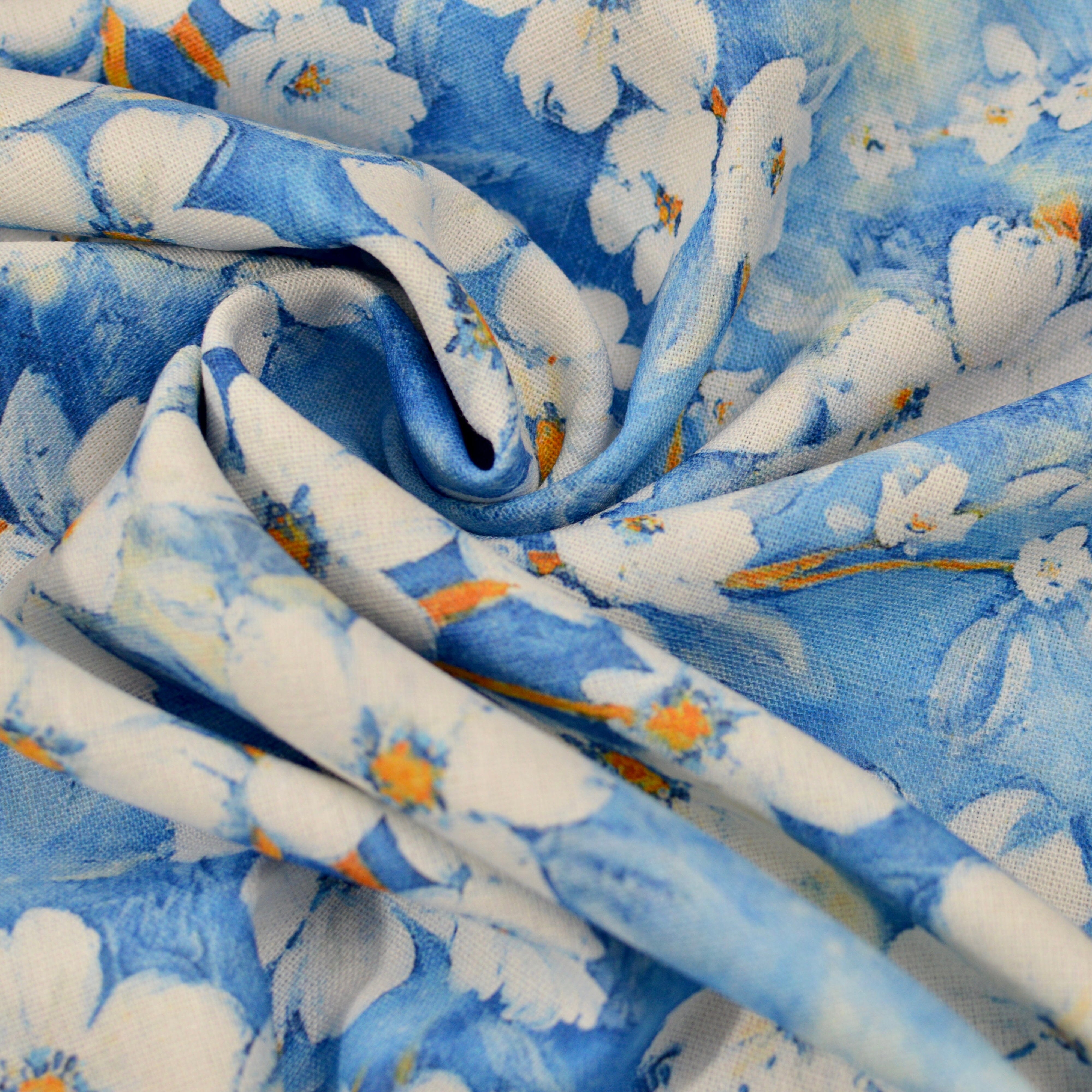 Viskose Leinen - Druck Blumen blau Fabric poshpinks
