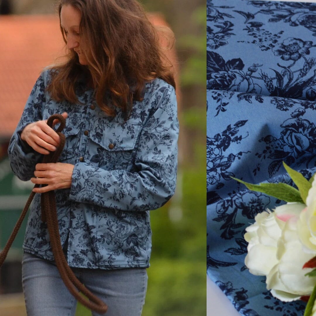 Chambray - Flower Meadow - bleached jeansblau mit Blumen - Baumwollmix Webware Fabric poshpinks