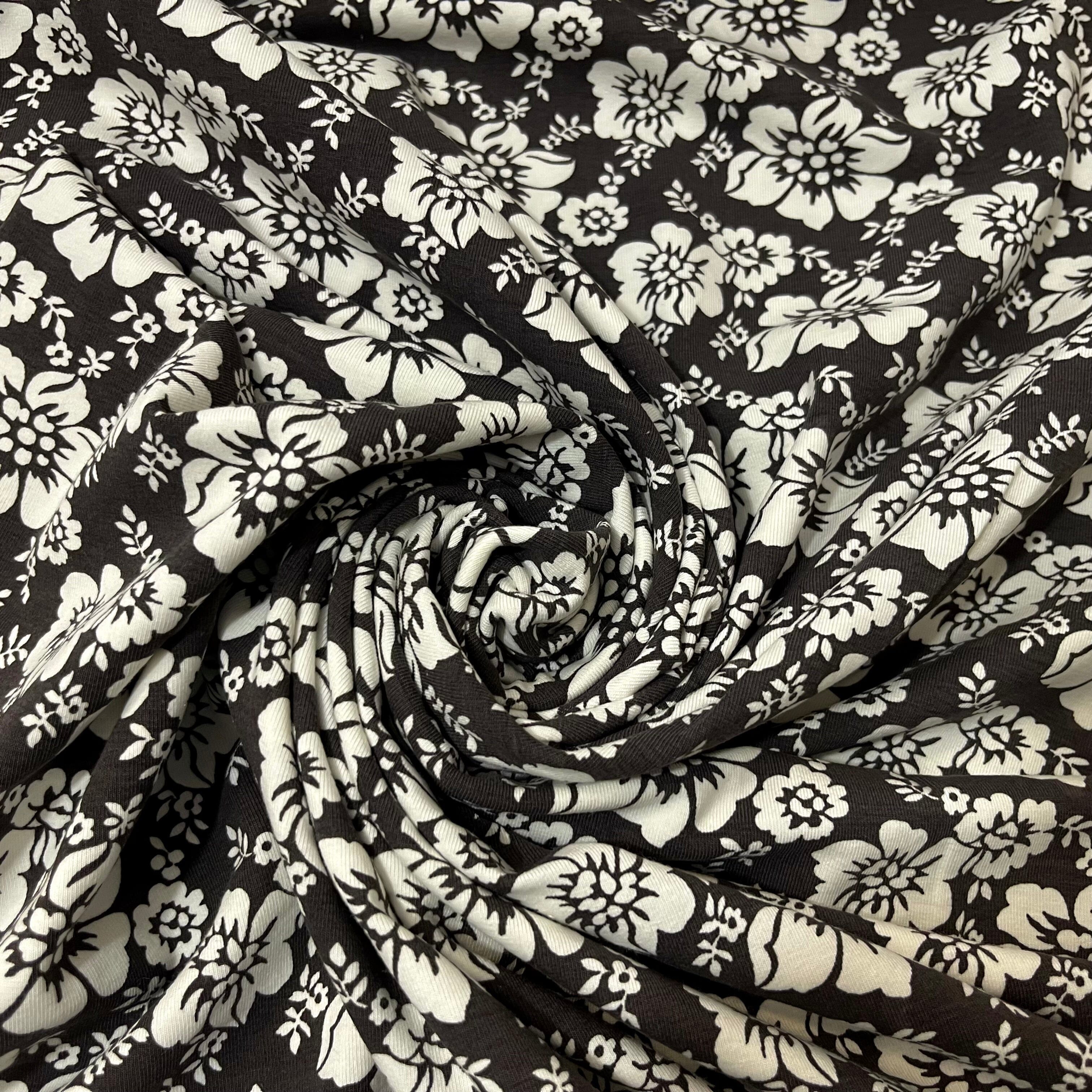 Baumwolljersey - Blumen - weiß auf braun Fabric poshpinks