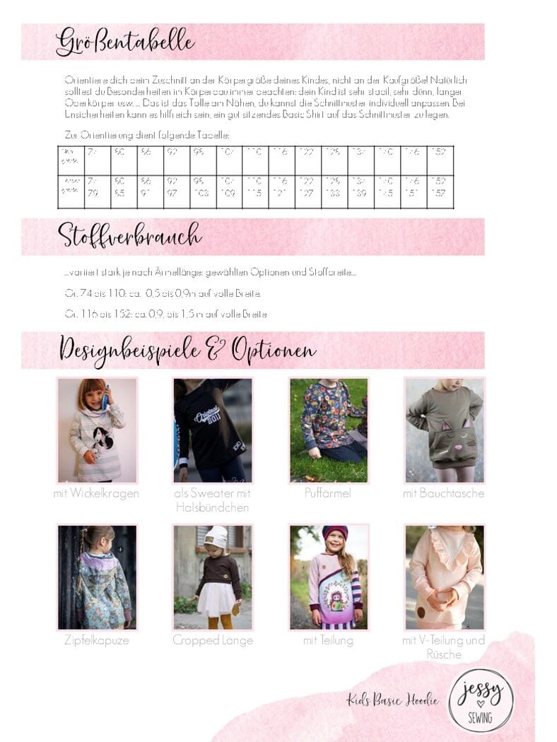 Papierschnittmuster Jessy Sewing - Kids Basic Hoodie - Gr. 74-152 - Pullover für Kinder Schnittmuster poshpinks