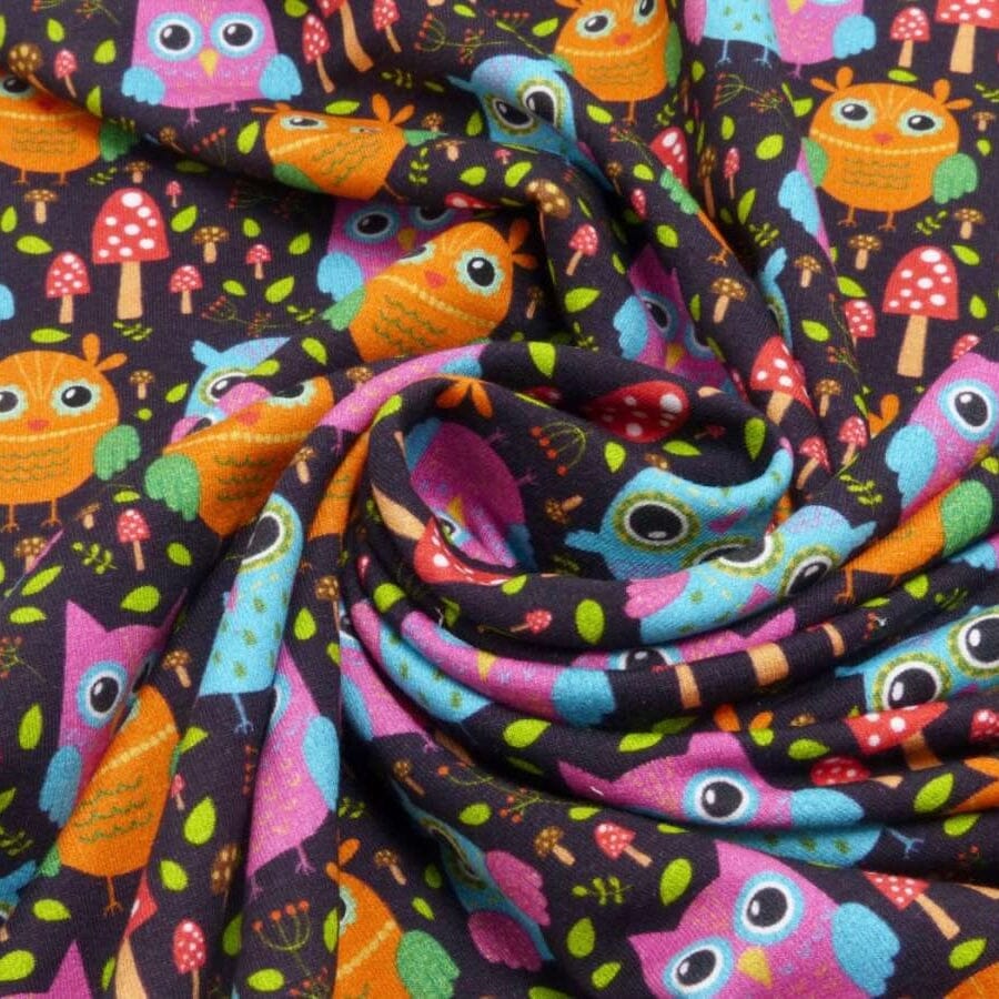 French Terry - bunte Eulen - Zartbitter braun Fabric poshpinks
