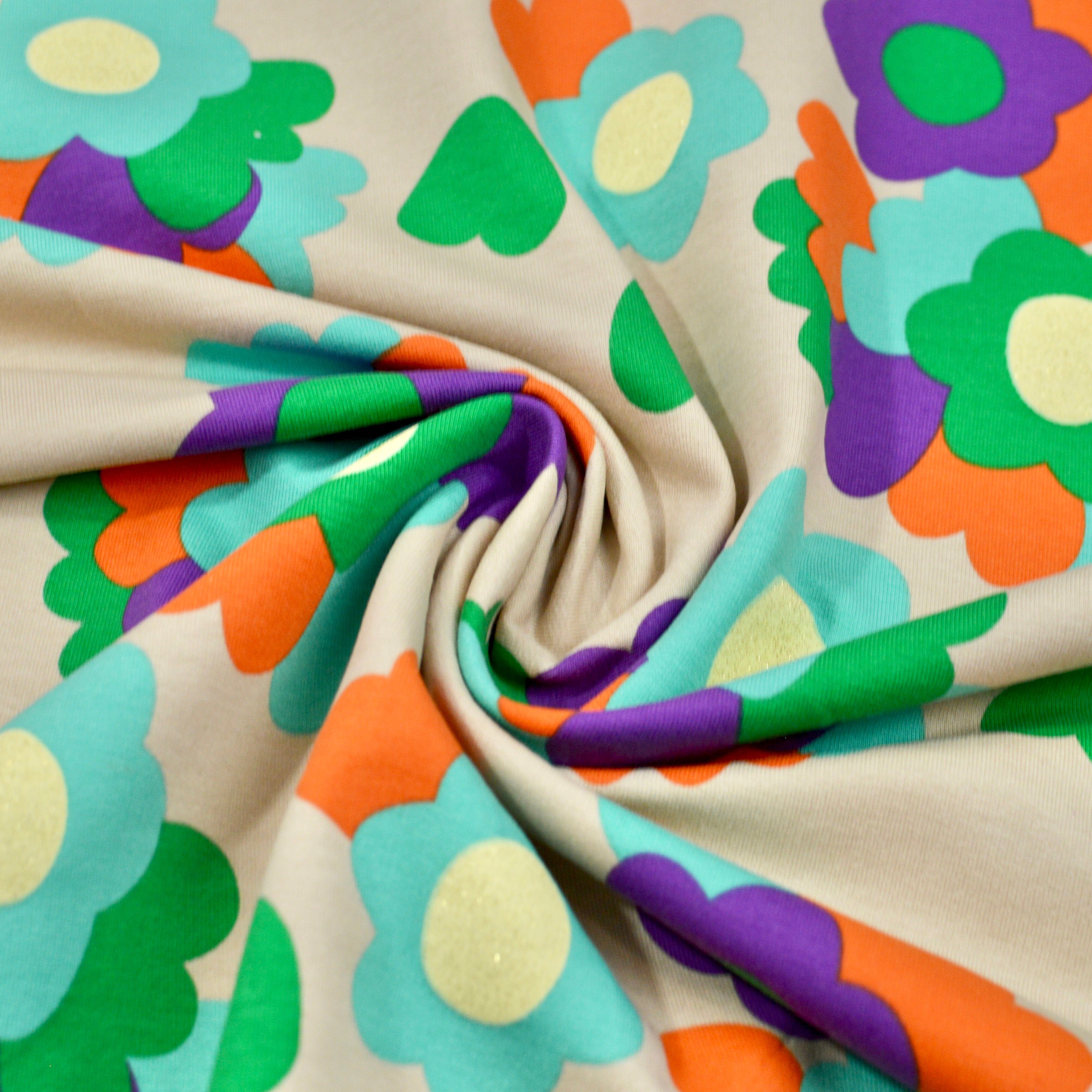 French Terry - 70s Flowers - creamy Glitter Fabric poshpinks