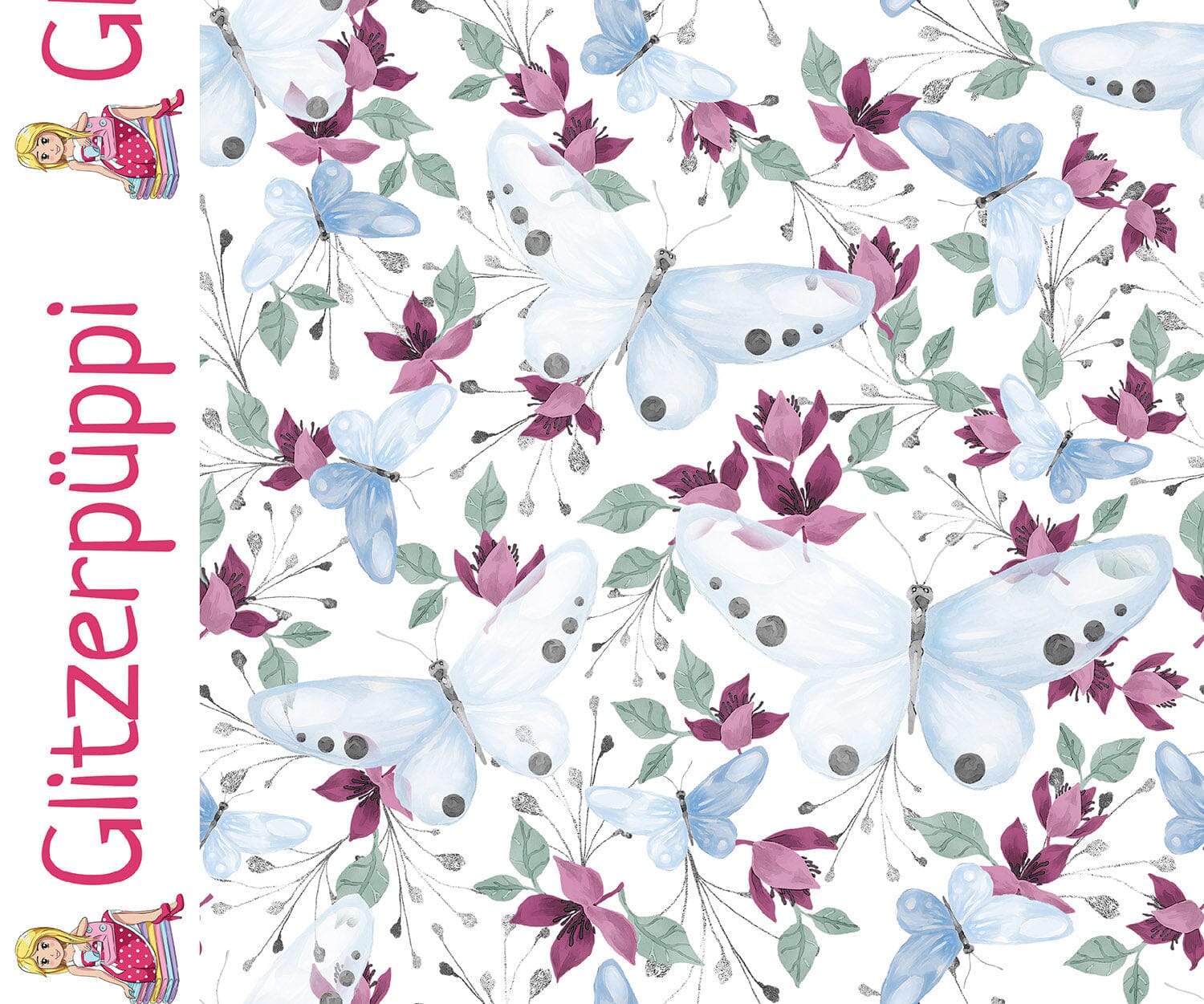 French Terry angeraut - Watercolor Schnetterlinge - Beere / Blau Glitzerpüppi Eigenproduktion Fabric poshpinks