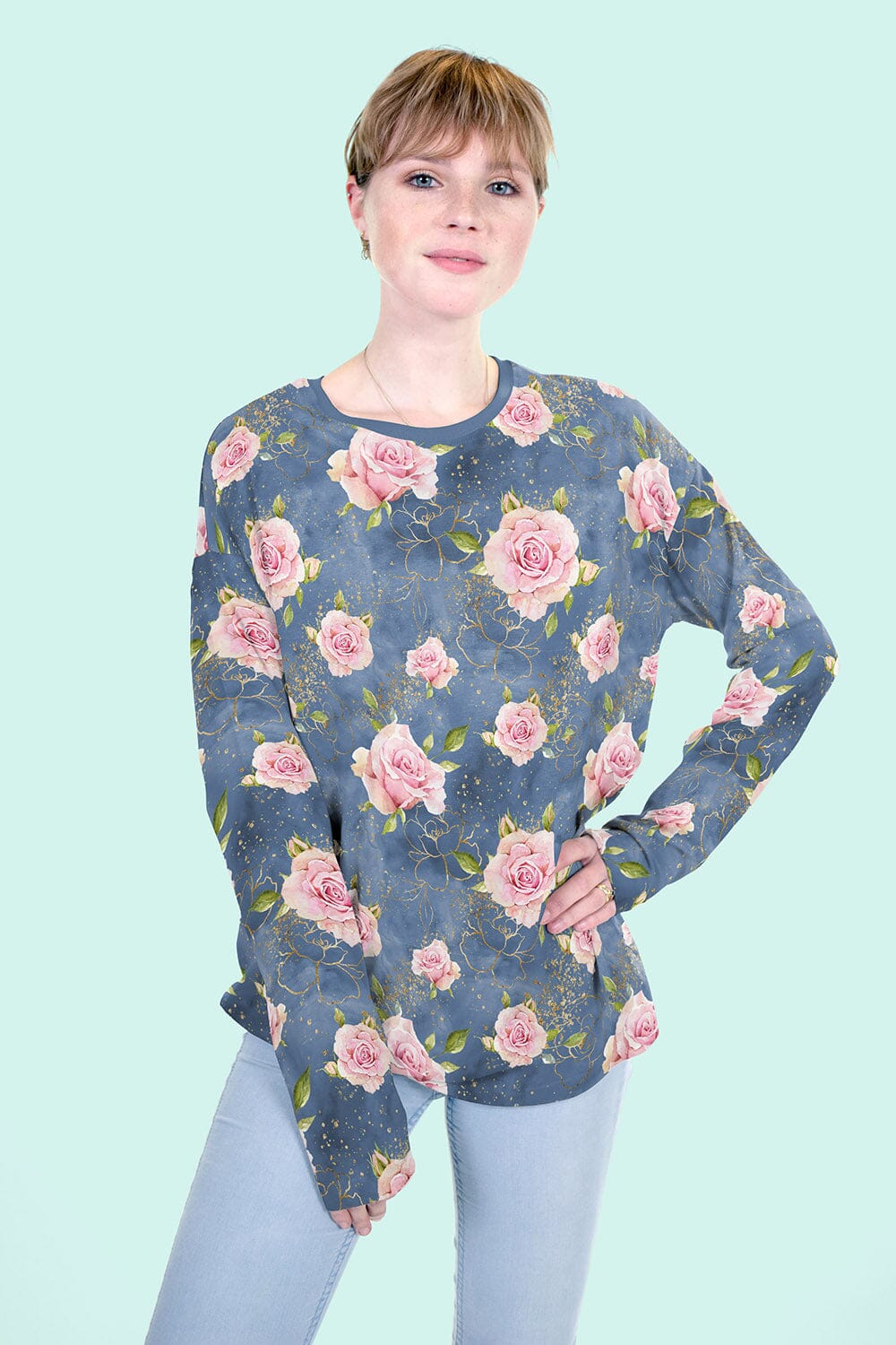 French Terry - Golden Roses - Stahlblau - Glitzerpüppi Eigenproduktion Fabric poshpinks