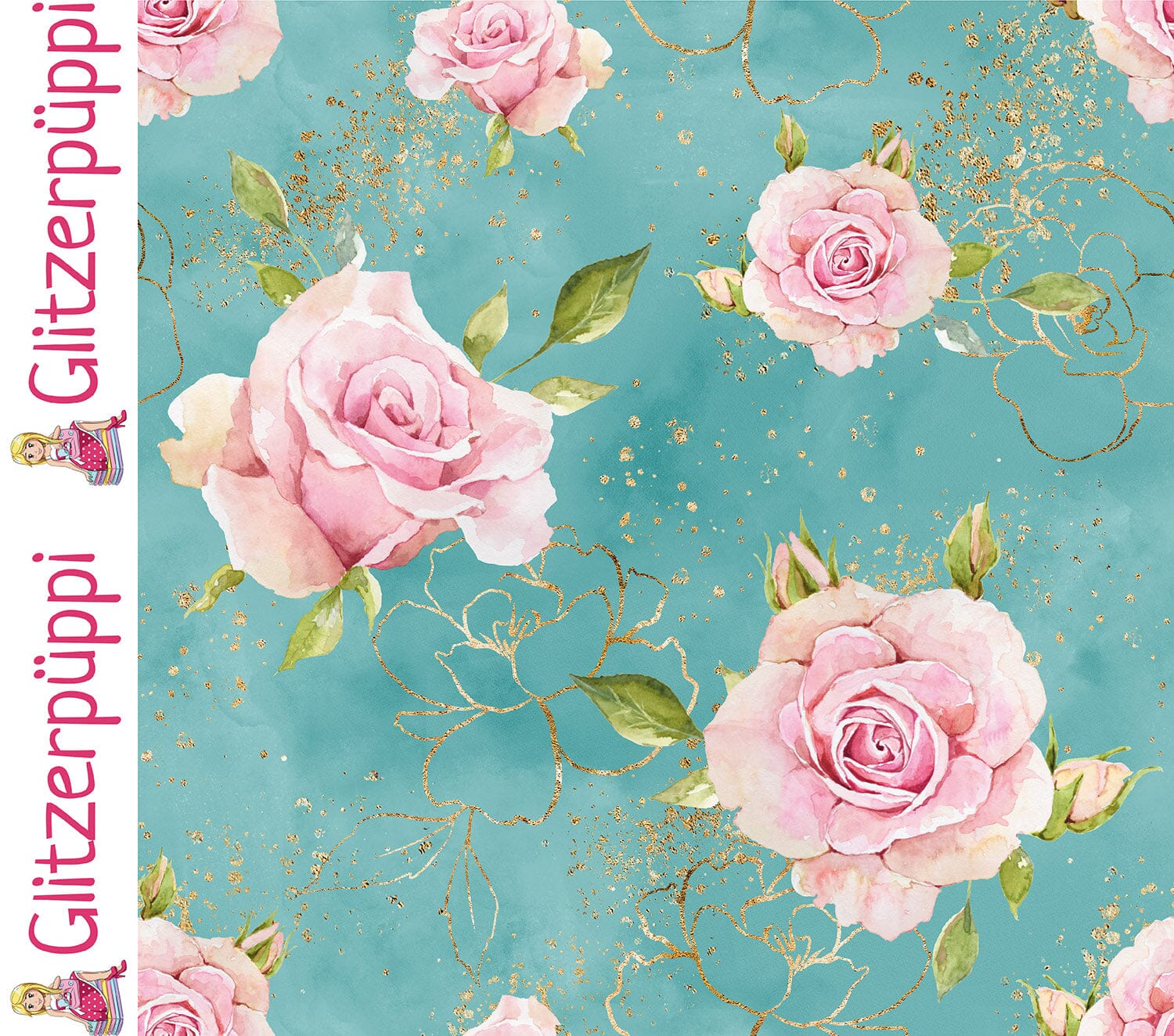 French Terry - Golden Roses - Altgrün - Glitzerpüppi Eigenproduktion Fabric poshpinks
