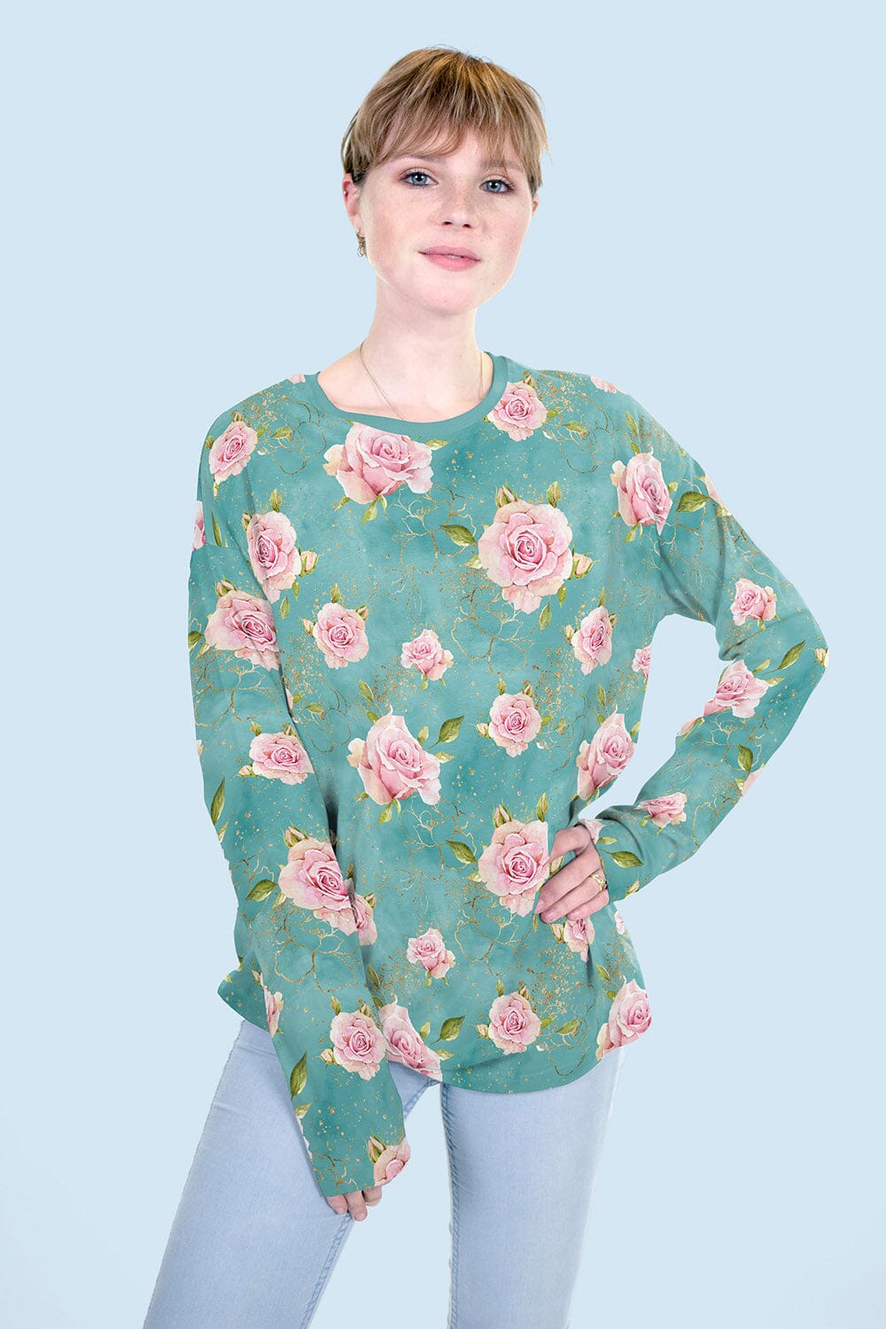 French Terry - Golden Roses - Altgrün - Glitzerpüppi Eigenproduktion Fabric poshpinks