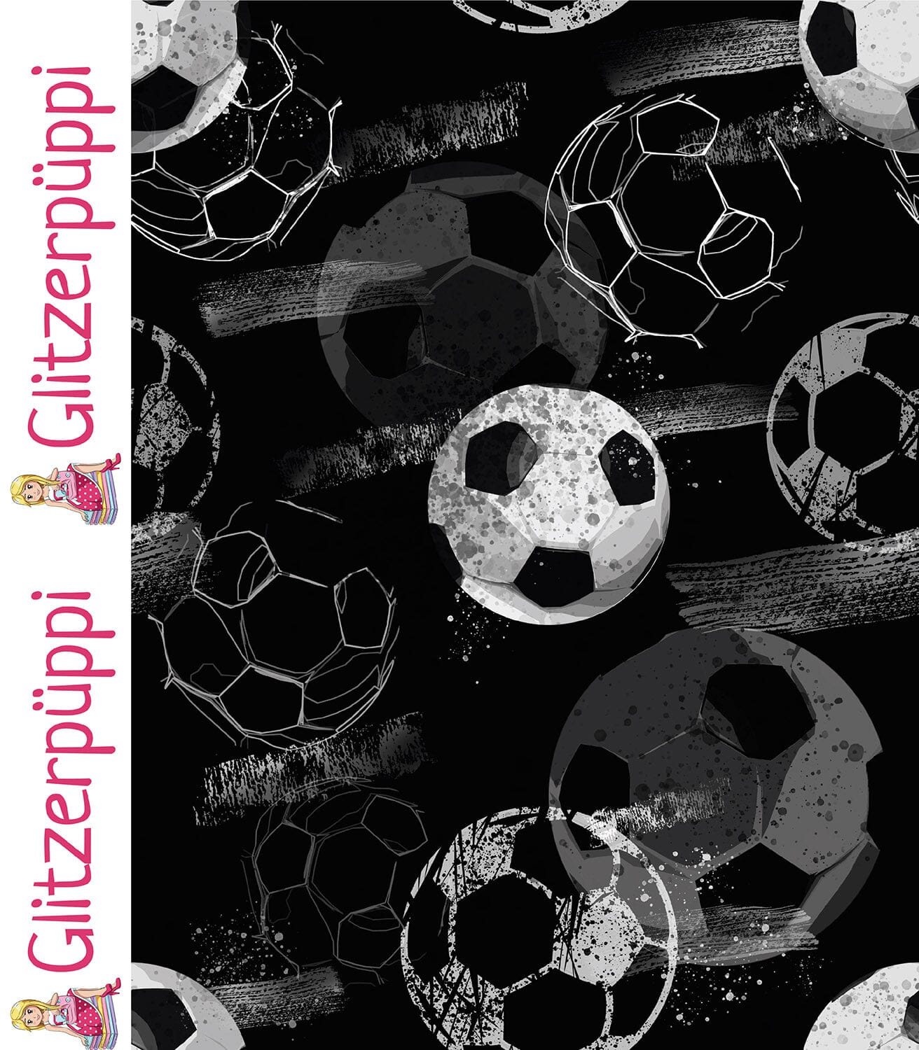 Baumwolljersey - Fußball - Schwarz grau - Glitzerpüppi Eigenproduktion Fabric poshpinks