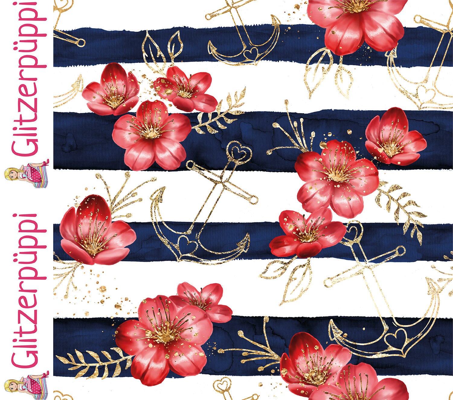 Baumwolljersey - Anker Blumen - rot blau weiß - Glitzerpüppi Eigenproduktion Fabric poshpinks