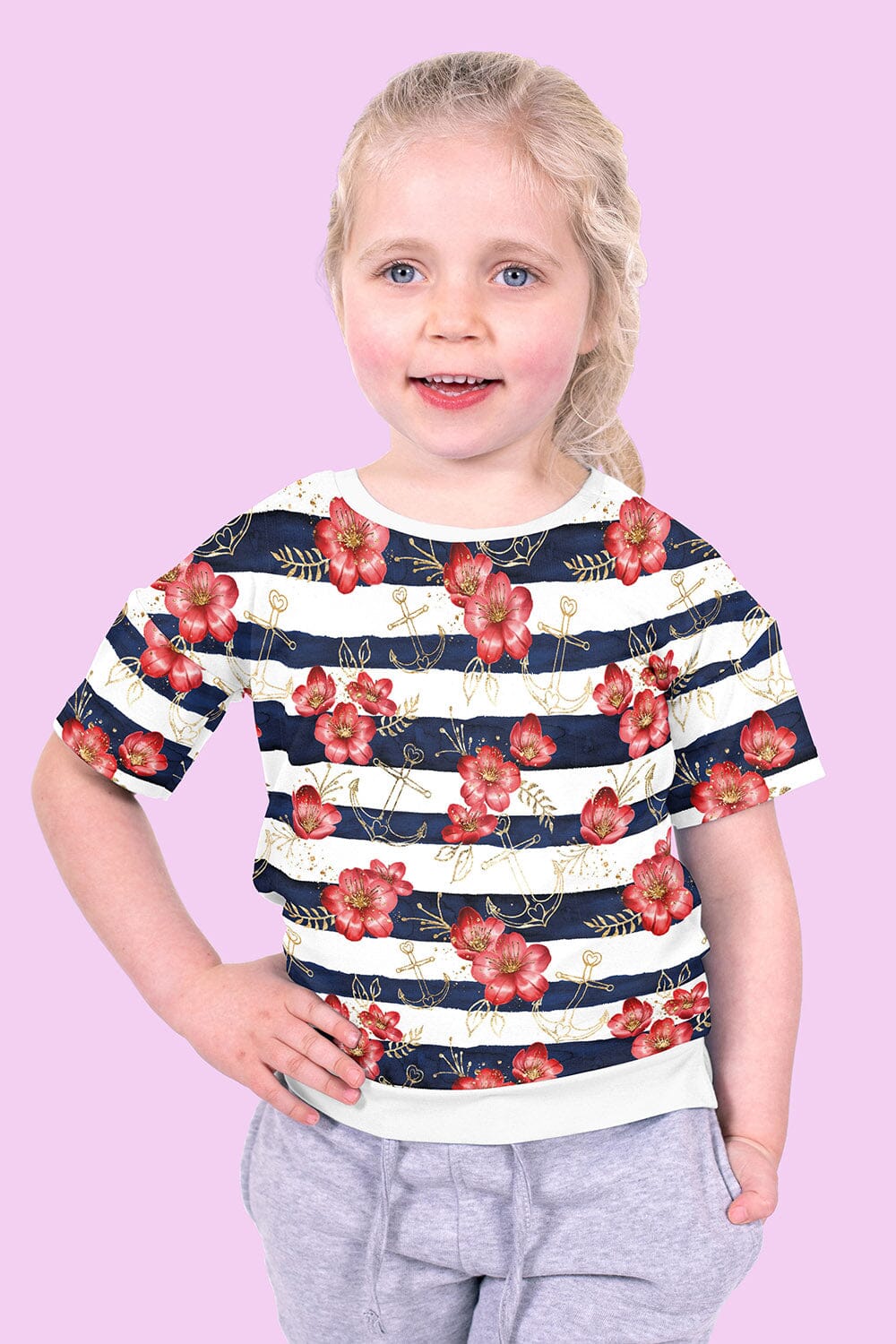Baumwolljersey - Anker Blumen - rot blau weiß - Glitzerpüppi Eigenproduktion Fabric poshpinks