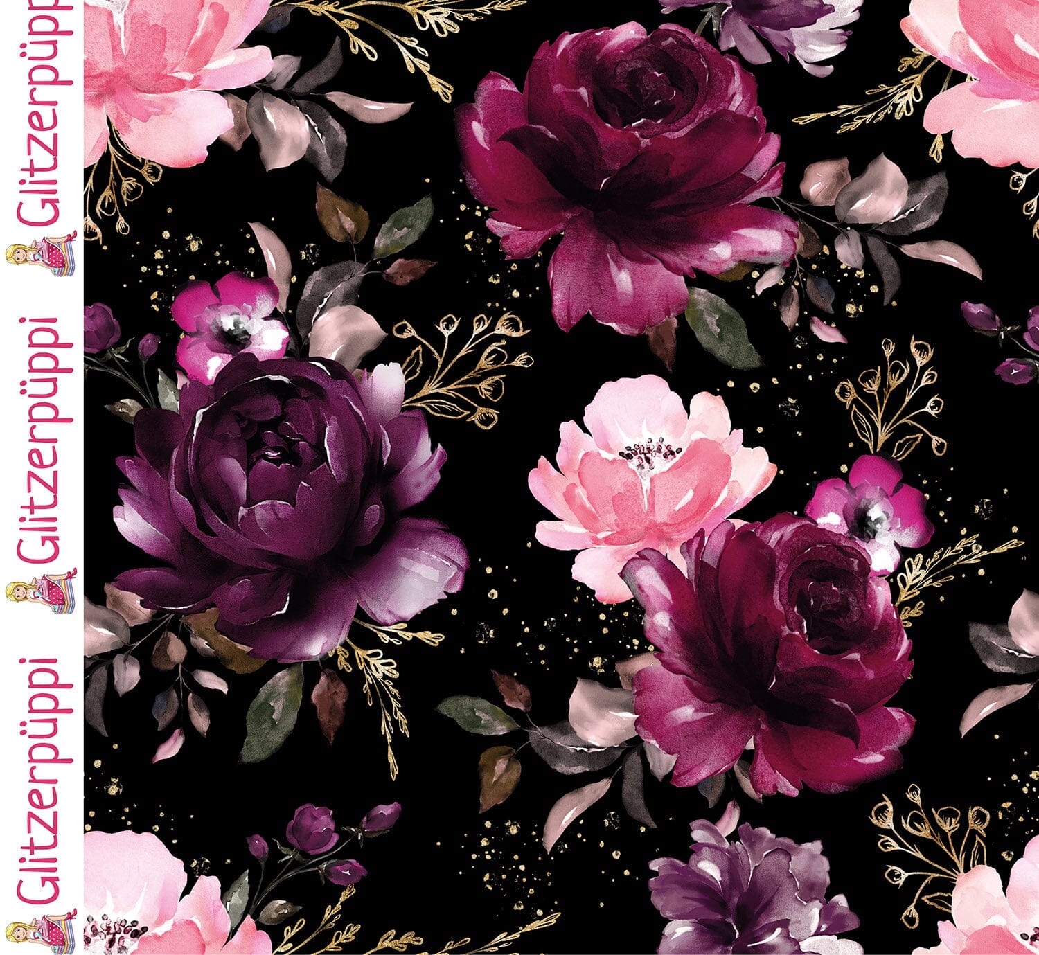 Sweat - Dark Peonys - Schwarz- Glitzerpüppi Eigenproduktion Fabric poshpinks