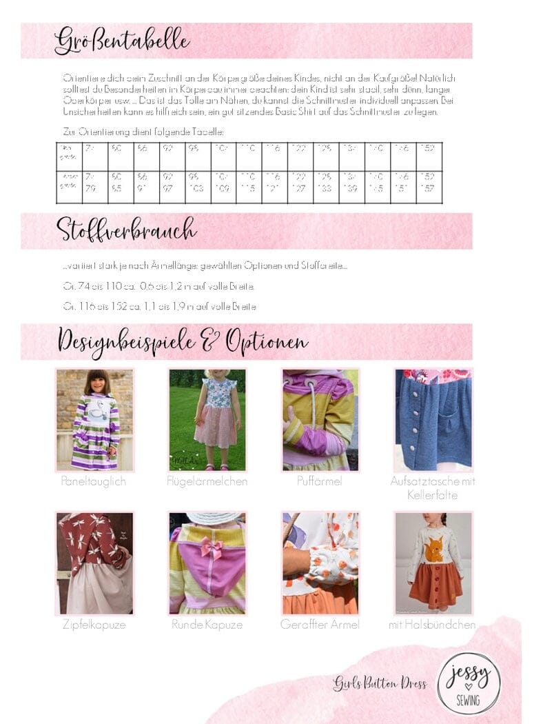 Papierschnittmuster Jessy Sewing - Girls Button Dress - Gr. 74-152 - Knopfkleid für Kinder Schnittmuster poshpinks