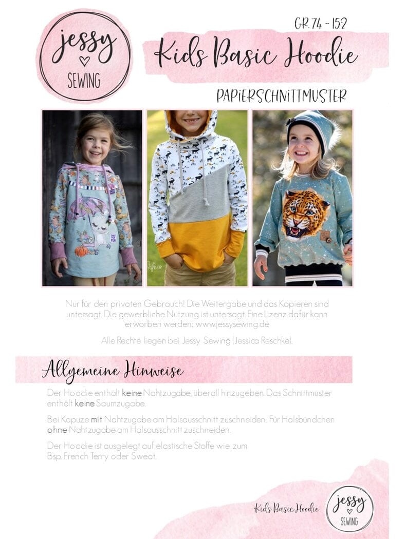 Papierschnittmuster Jessy Sewing - Kids Basic Hoodie - Gr. 74-152 - Pullover für Kinder Schnittmuster poshpinks