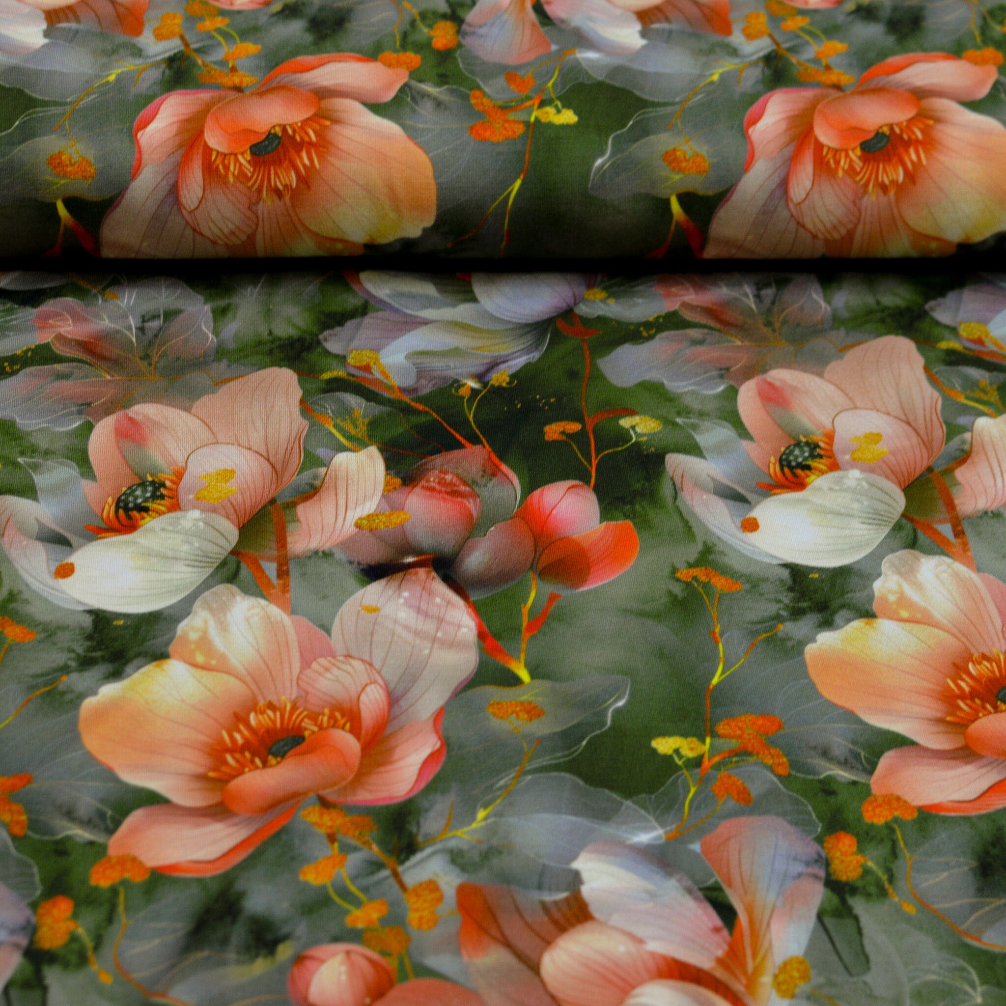 Bambusjersey - Poppies - Blumen - grün rot Fabric poshpinks