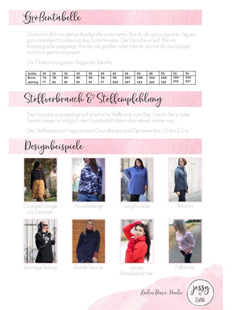 Papierschnittmuster Jessy Sewing - Ladies Basic Hoodie - Gr. 32-56 - Klassischer Hoodie für Damen Schnittmuster poshpinks