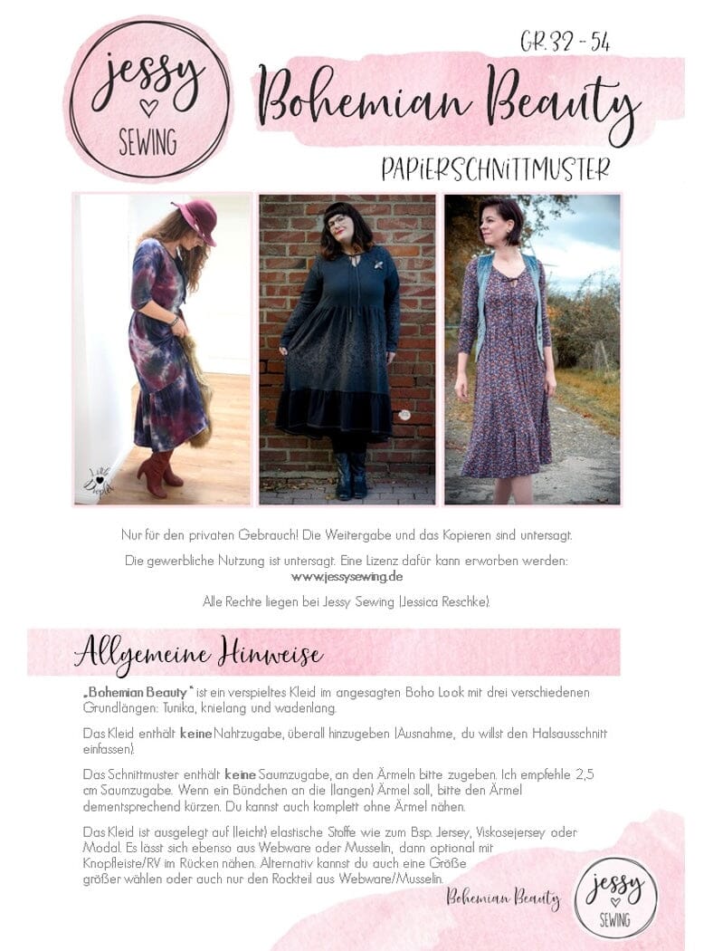 Papierschnittmuster Jessy Sewing - Bohemian Beaty - Gr. 32-56 - Bohokleid für Damen Schnittmuster poshpinks