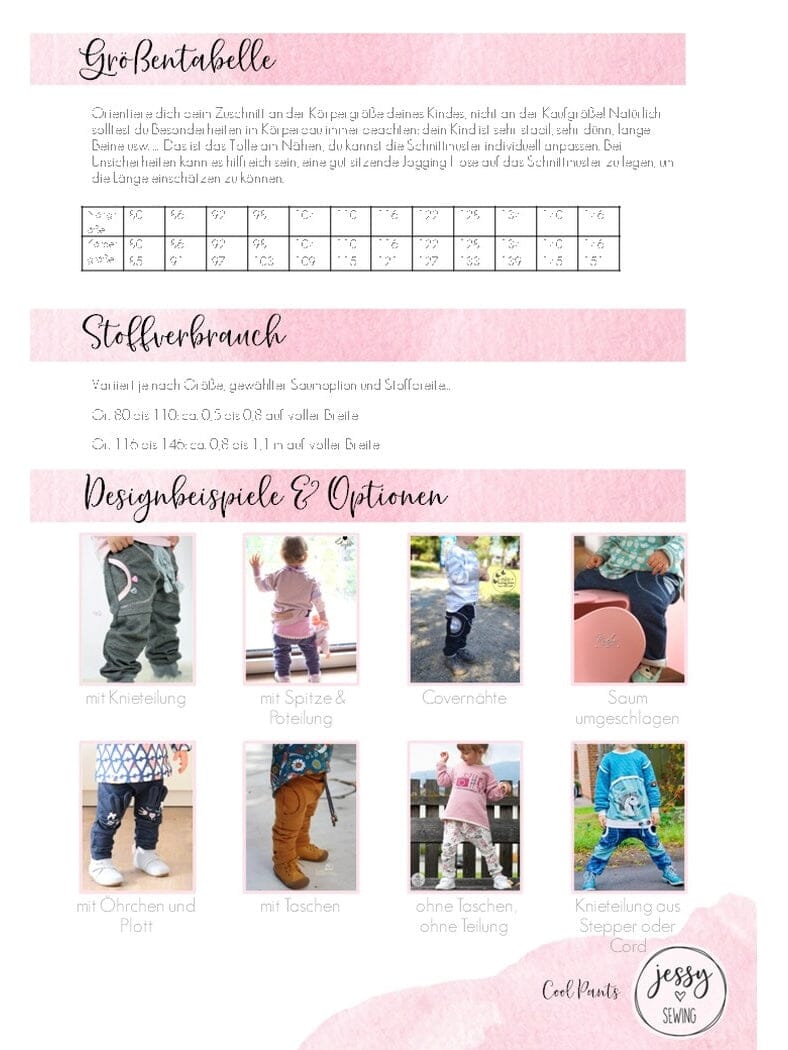 Papierschnittmuster Jessy Sewing - Cool Pants - Gr. 80-146 - lässige Hose für Kinder Schnittmuster poshpinks