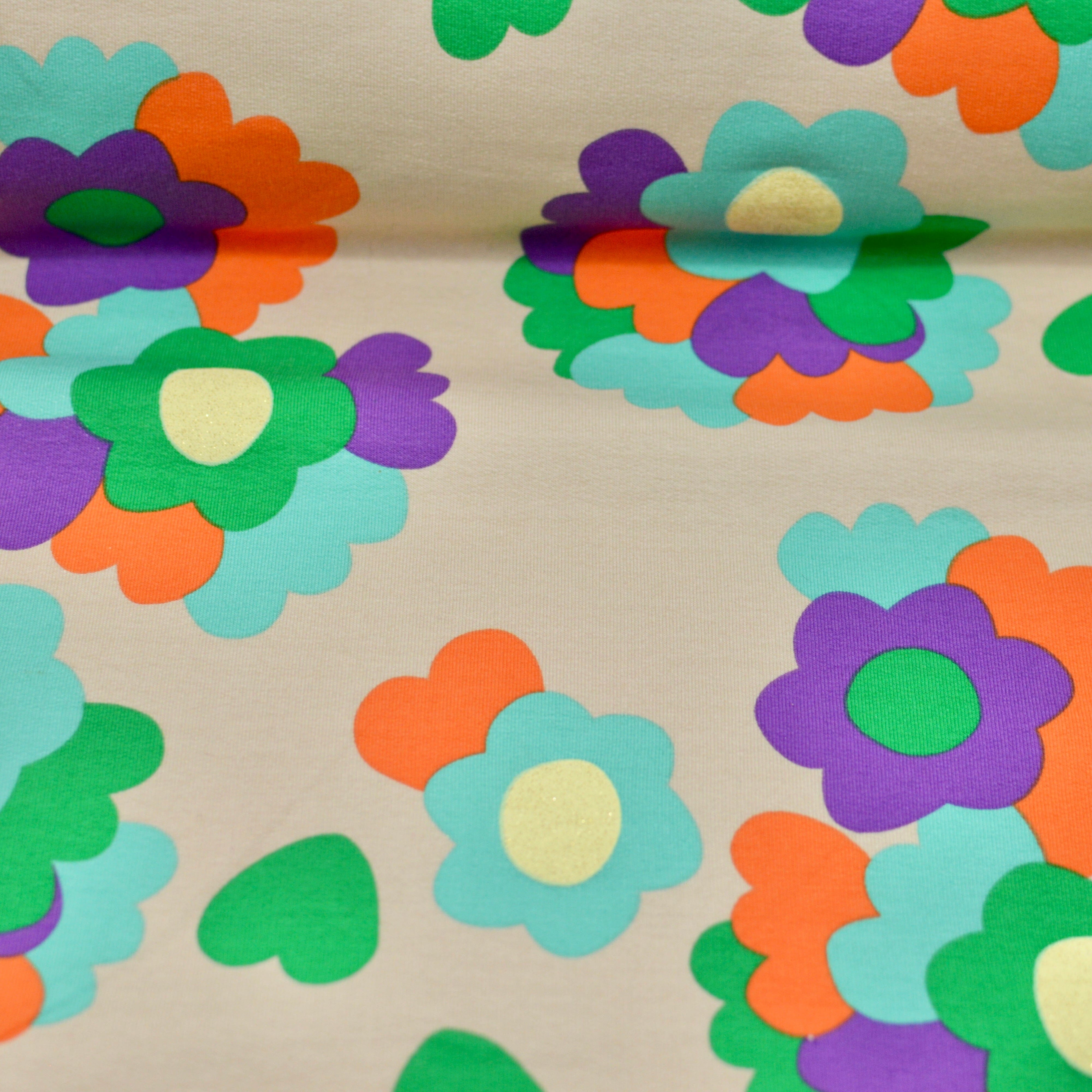French Terry - 70s Flowers - creamy Glitter Fabric poshpinks
