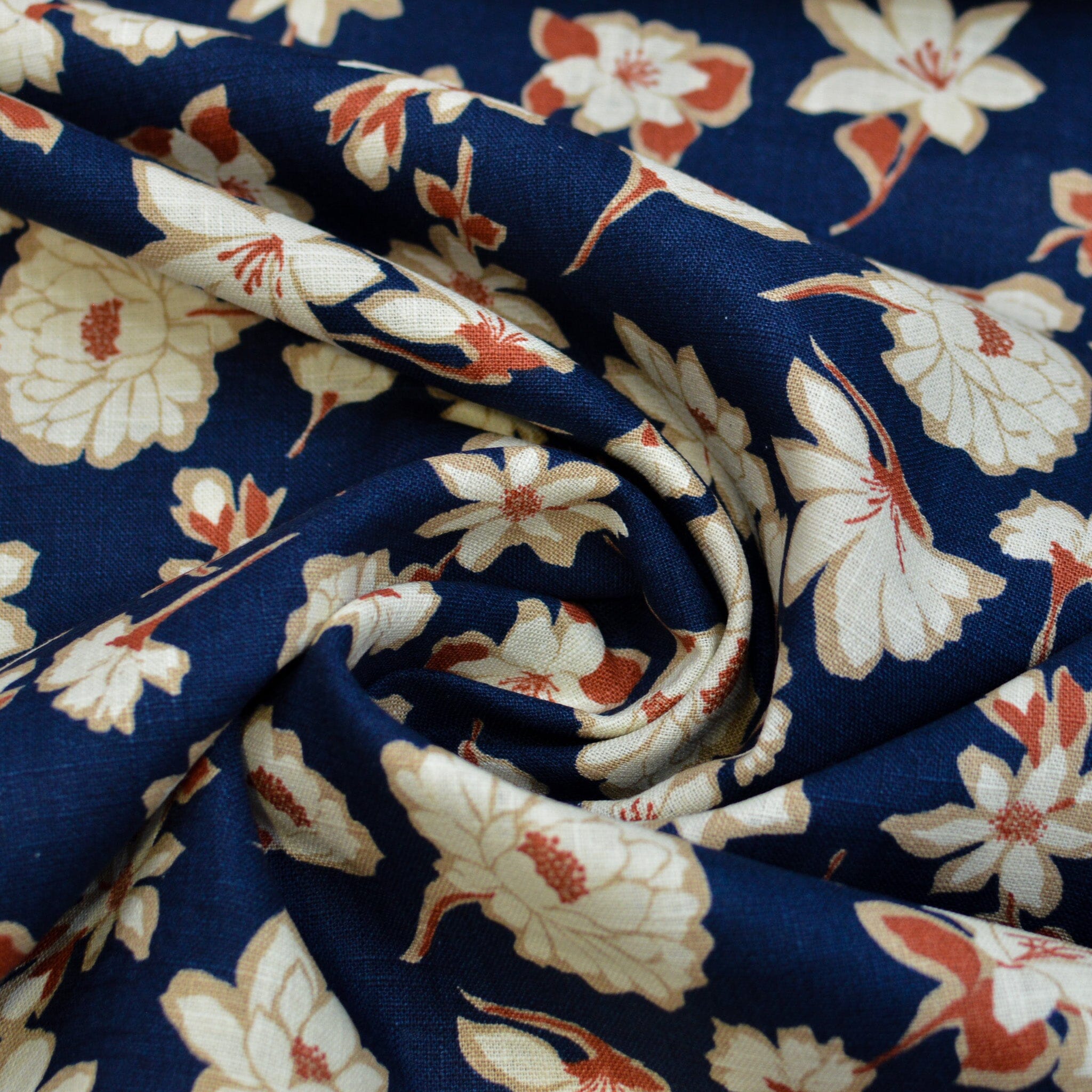 Leinen gewaschen - Druck Blumen - tintenblau rostrot - Grasleinen Fabric poshpinks