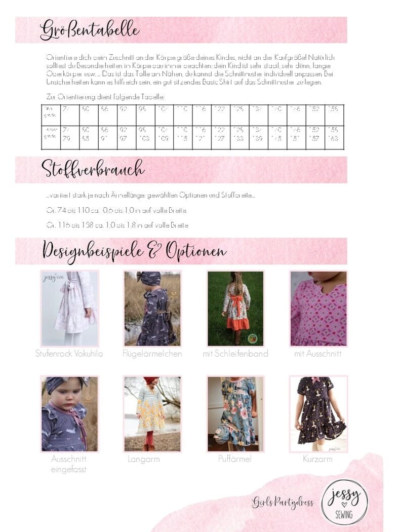 Papierschnittmuster Jessy Sewing - Girls Party Dress - Gr. 74-152 - Kleid für Kinder Schnittmuster poshpinks