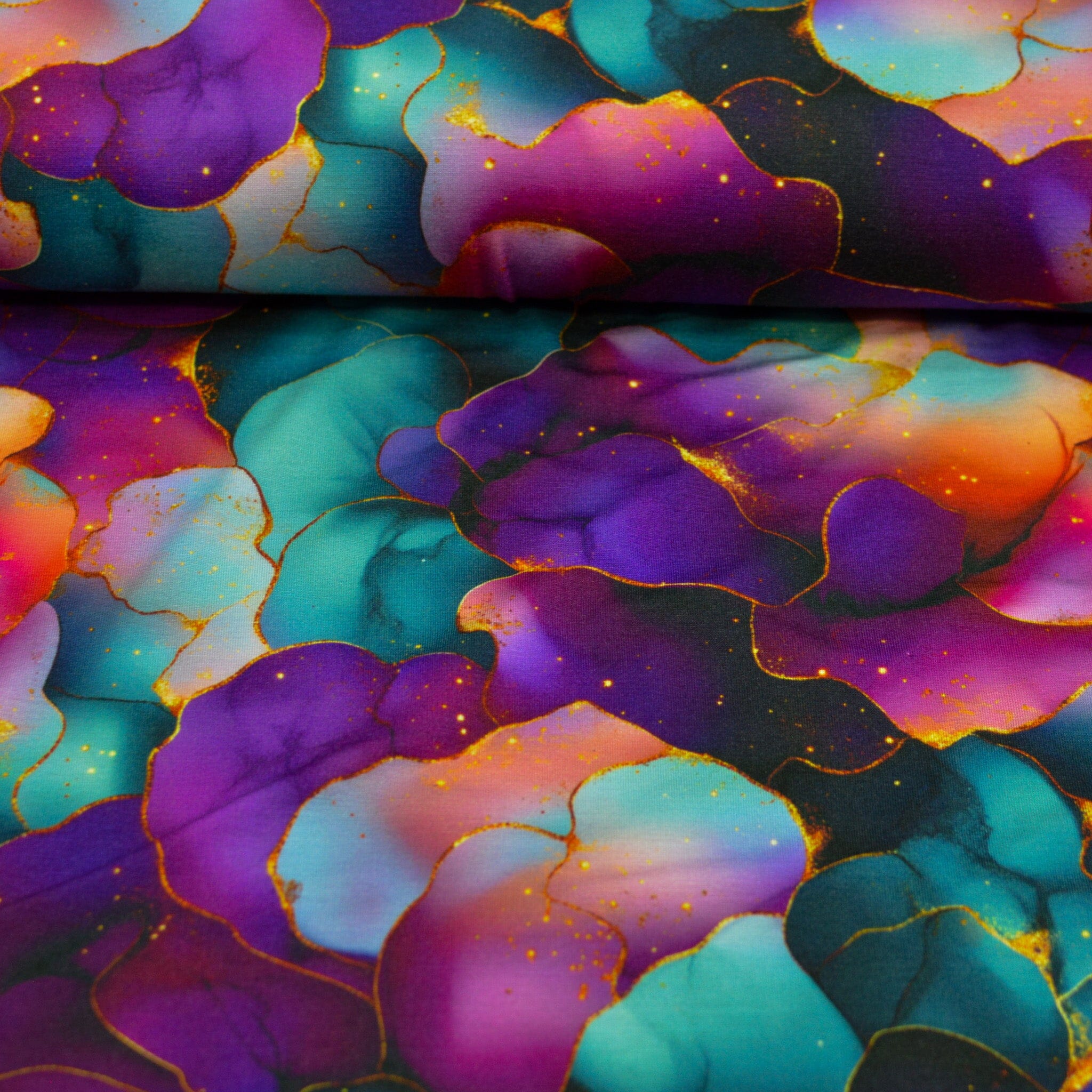 Bambusjersey - golden flower rain - purple light Fabric poshpinks