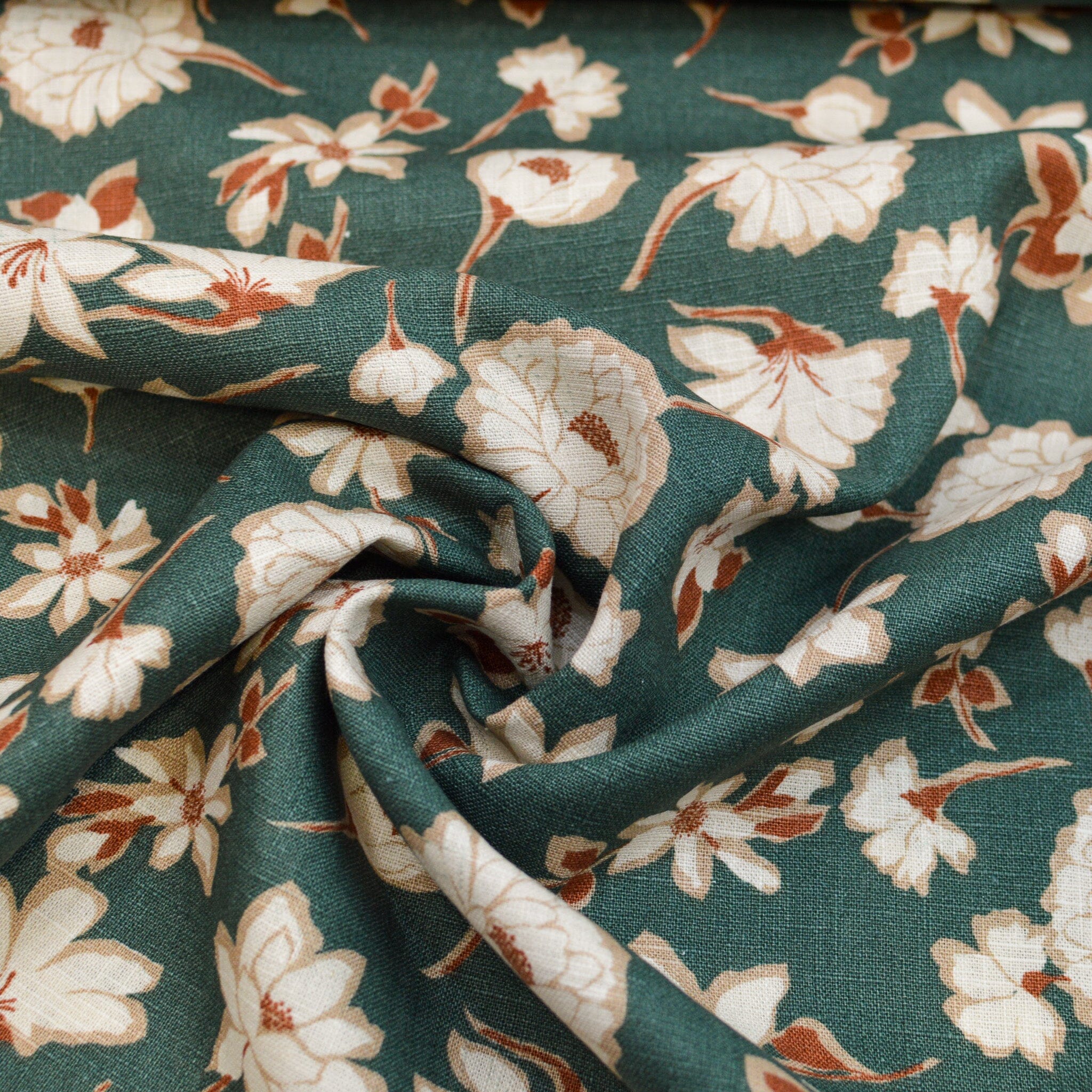 Leinen gewaschen - Druck Blumen - flaschengrün rostrot - Grasleinen Fabric poshpinks
