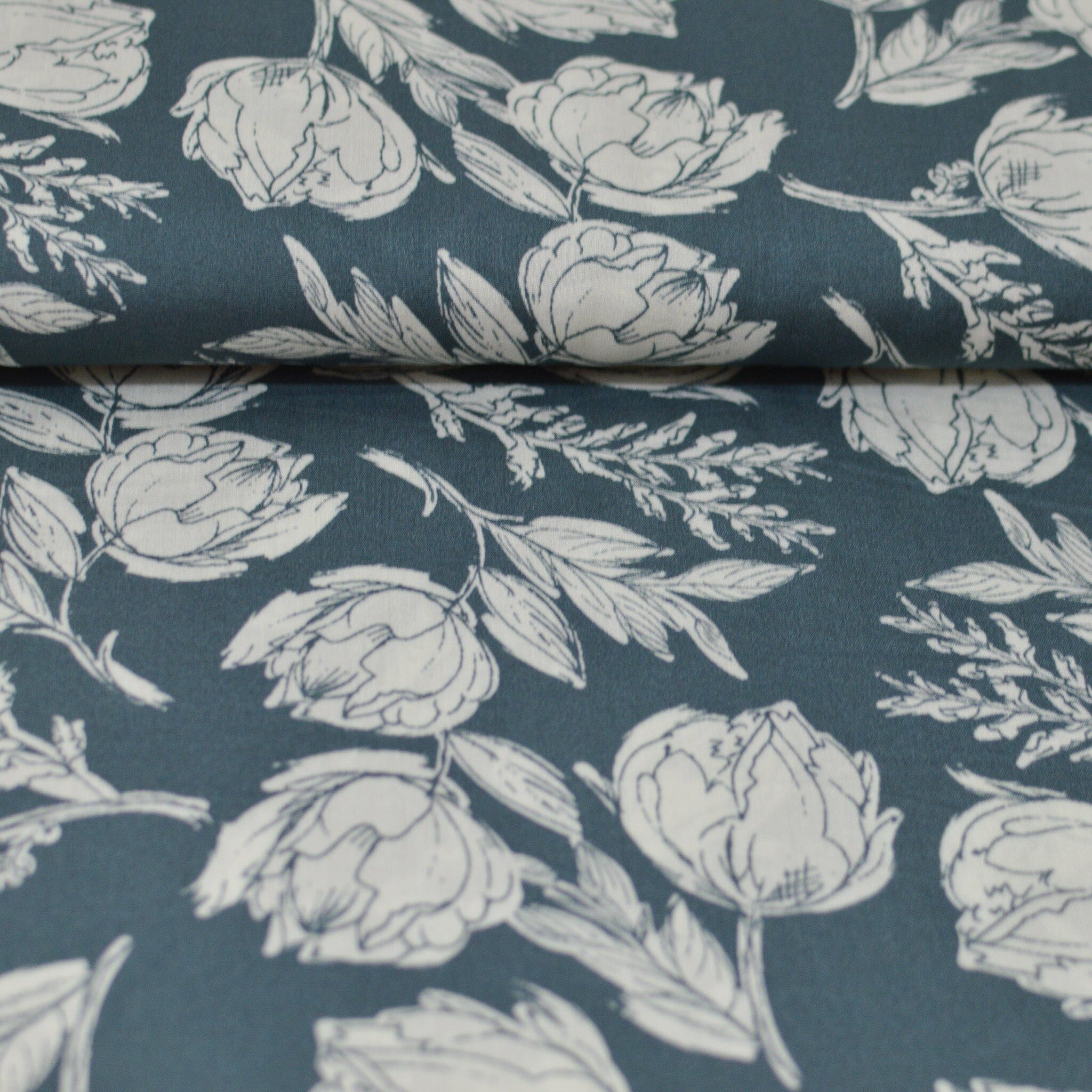 Viskose - Vintage Flowers - dusty blue Fabric poshpinks