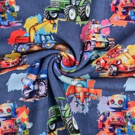 Baumwolljersey - Fahrzeuge - Trecker Bagger Rakete Roboter bunt Fabric poshpinks