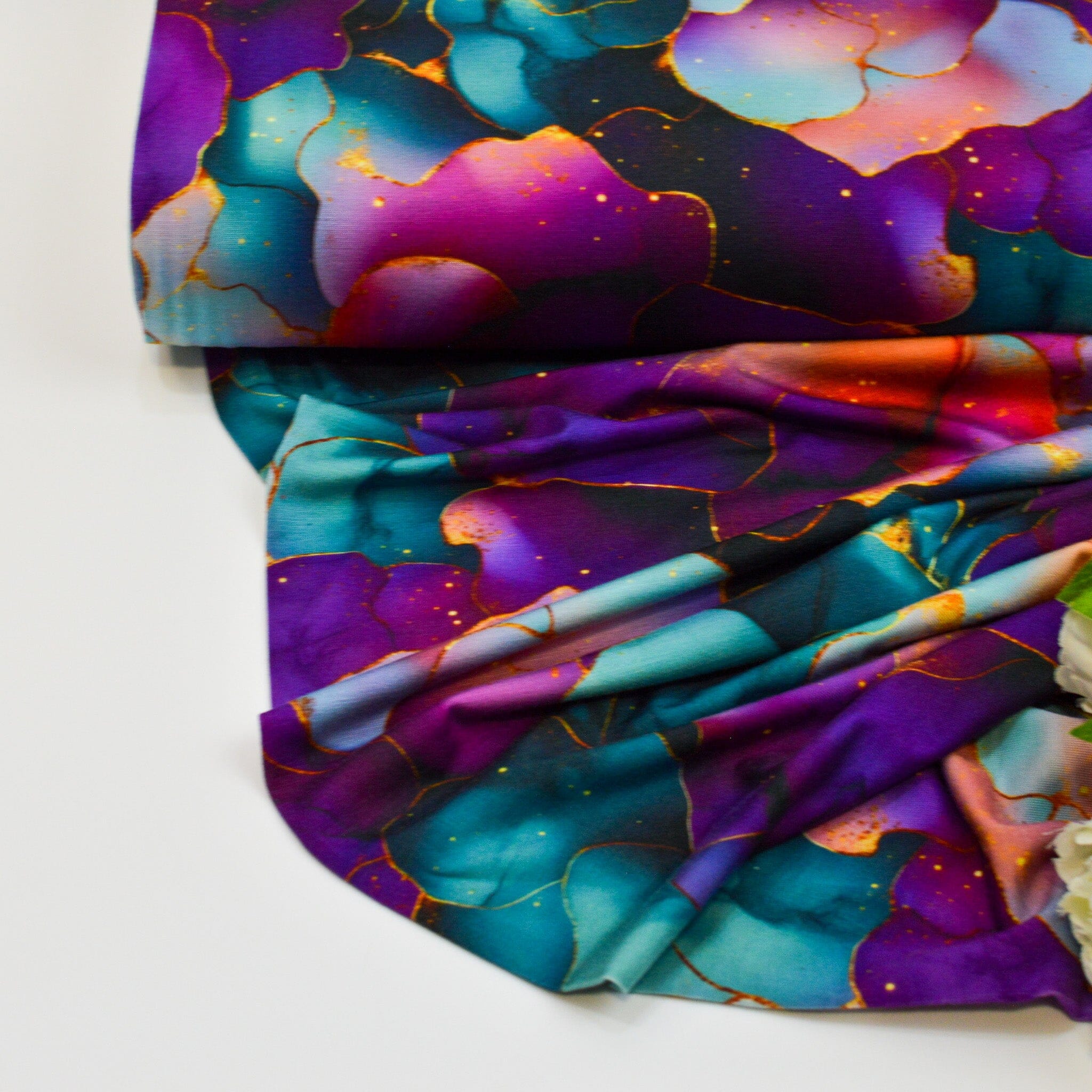 Bambusjersey - golden flower rain - purple light Fabric poshpinks