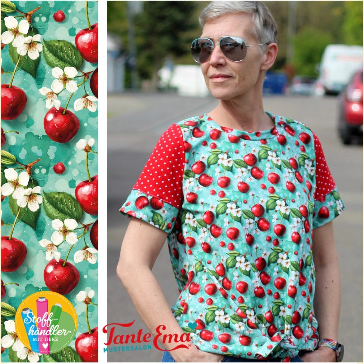 Vorbestellung - Stoffhändler mit Herz Eigenproduktion - Cherry Cha Cha by Tante Ema - Baumwolljersey Fabric poshpinks