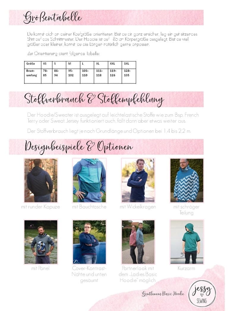 Papierschnittmuster Jessy Sewing - Gentleman ´s Hoodie - Gr. XS-XXL Schnittmuster poshpinks