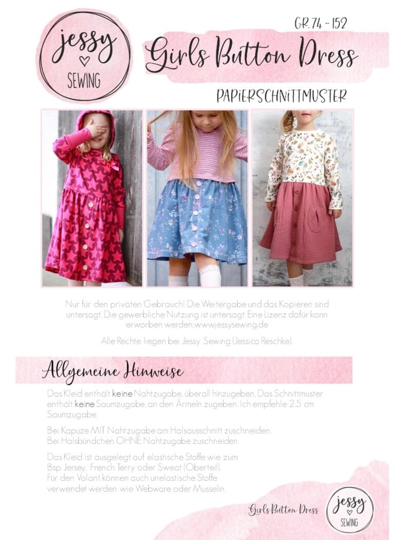 Papierschnittmuster Jessy Sewing - Girls Button Dress - Gr. 74-152 - Knopfkleid für Kinder Schnittmuster poshpinks