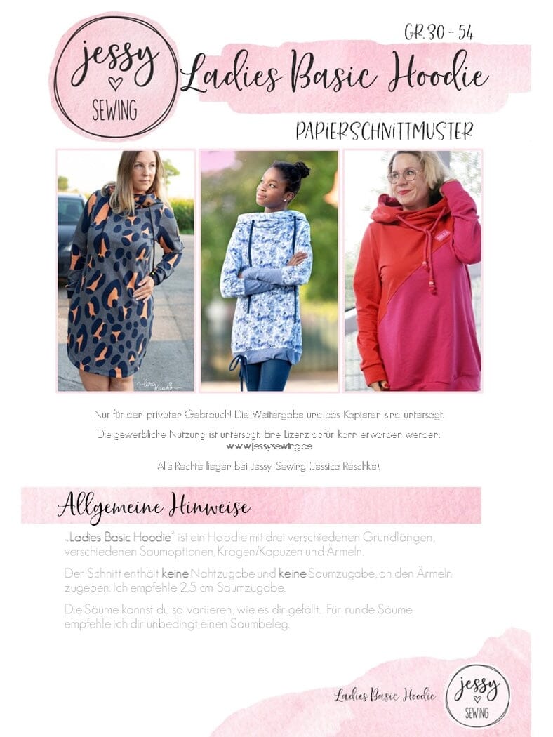 Papierschnittmuster Jessy Sewing - Ladies Basic Hoodie - Gr. 32-56 - Klassischer Hoodie für Damen Schnittmuster poshpinks
