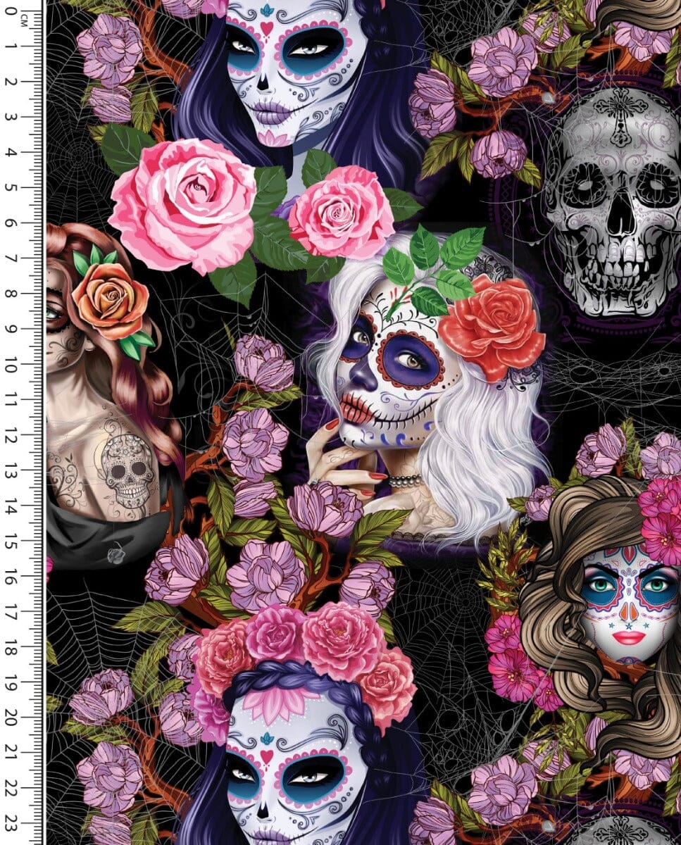 Baumwolljersey - Flower Skulls - Schwarz Rosa Fabric poshpinks