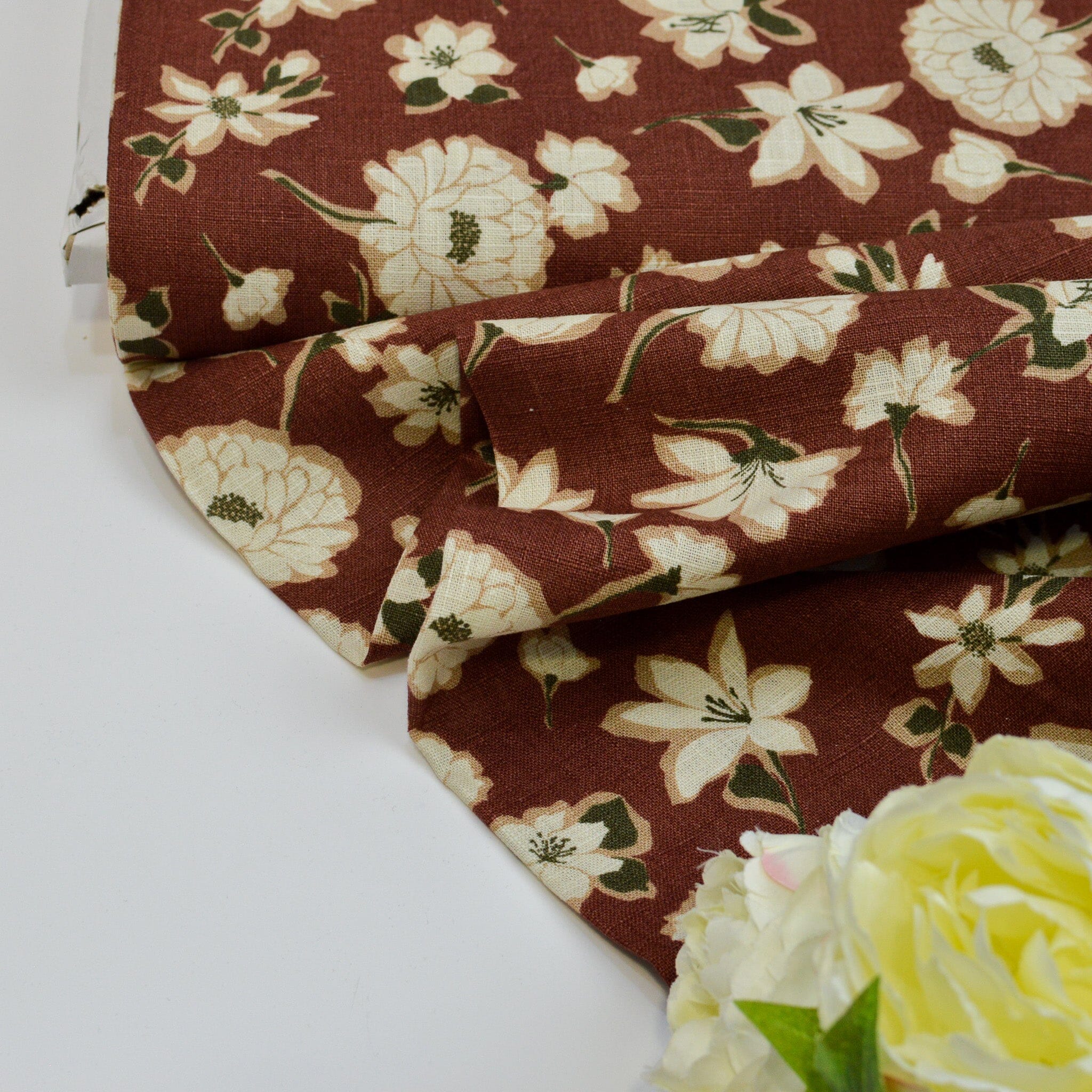 Leinen gewaschen - Druck Blumen - rostrot creme - Grasleinen Fabric poshpinks