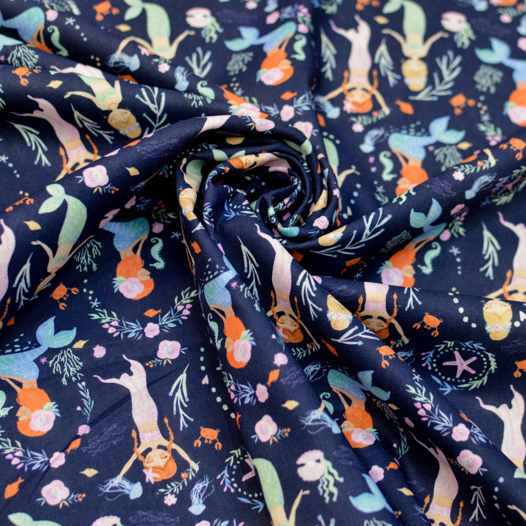 Baumwoll Popeline - Cute Mermaids - Navy Fabric poshpinks