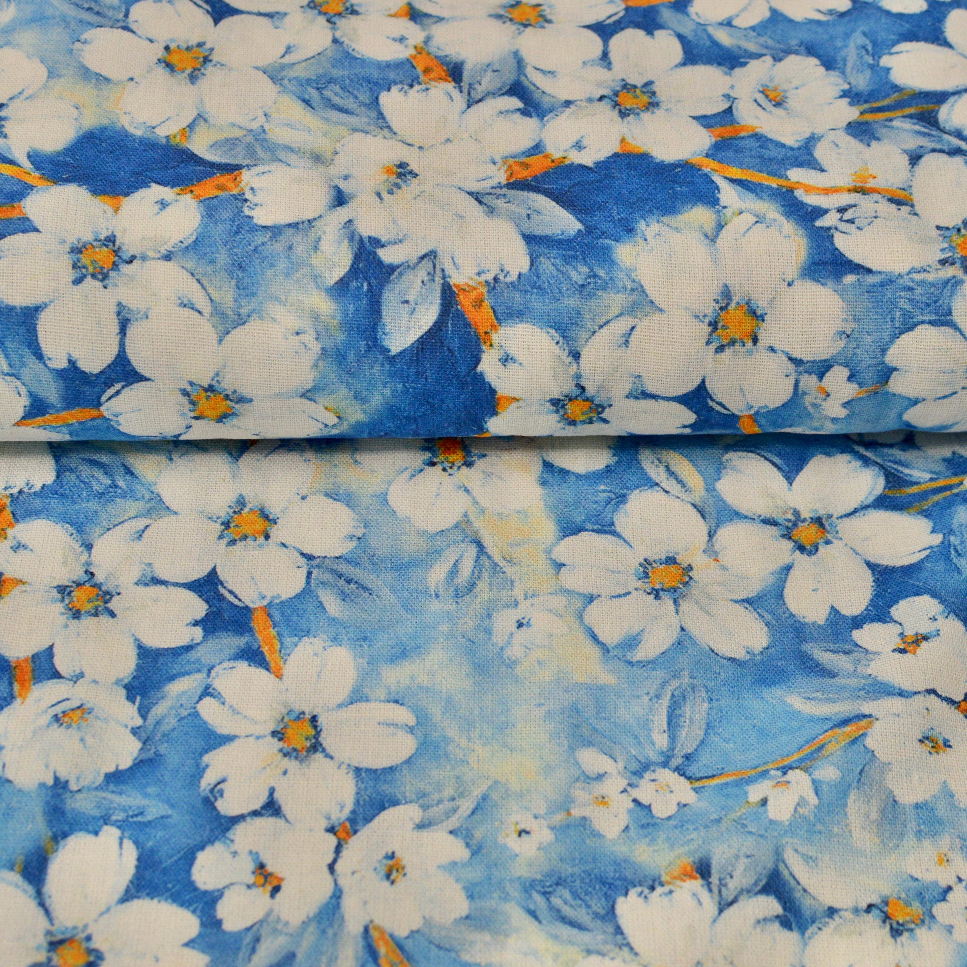 Viskose Leinen - Druck Blumen blau Fabric poshpinks