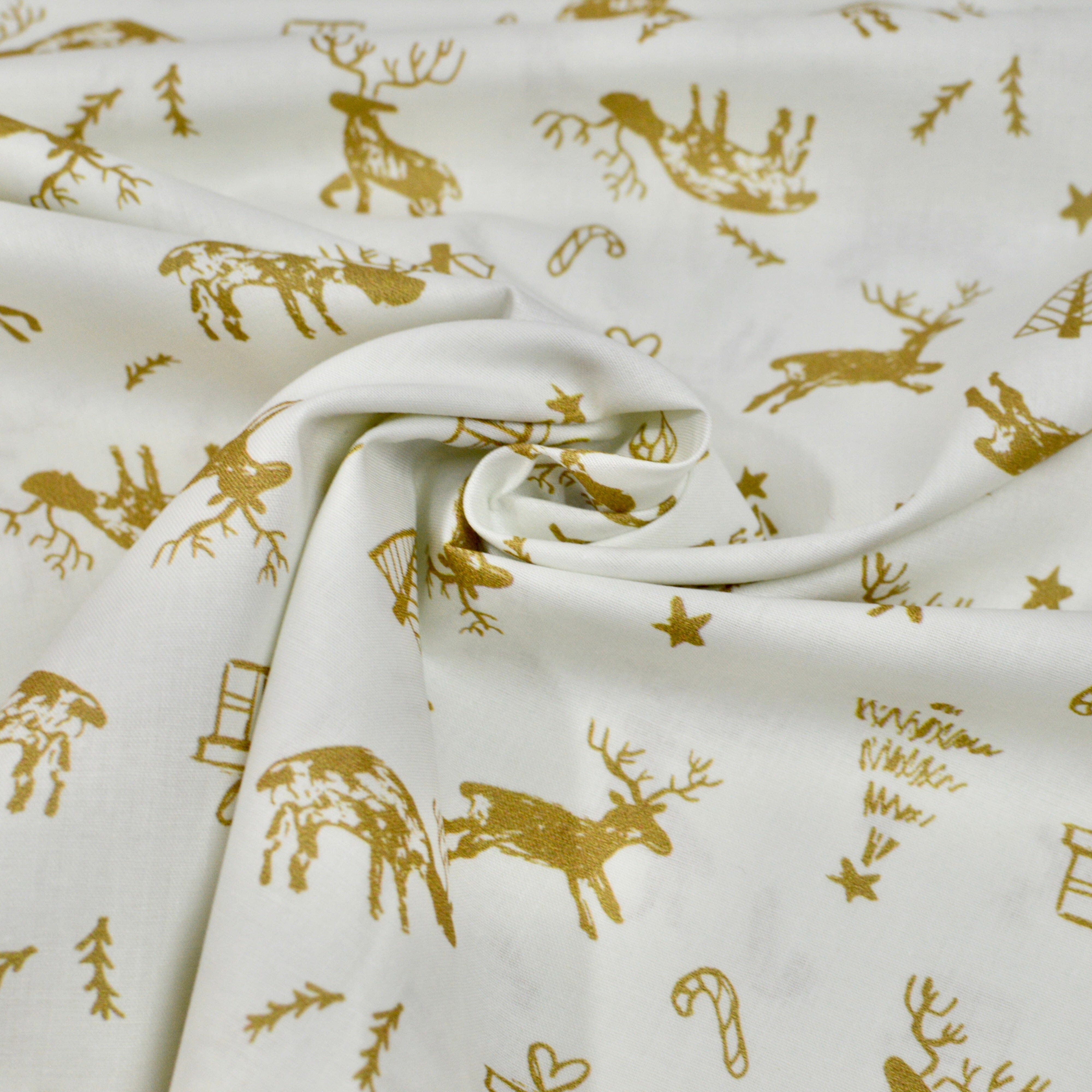 Baumwoll Popeline - Christmas - Golden Noel - Weihnachtliche Motive goldgelb auf Wollweiß Fabric poshpinks