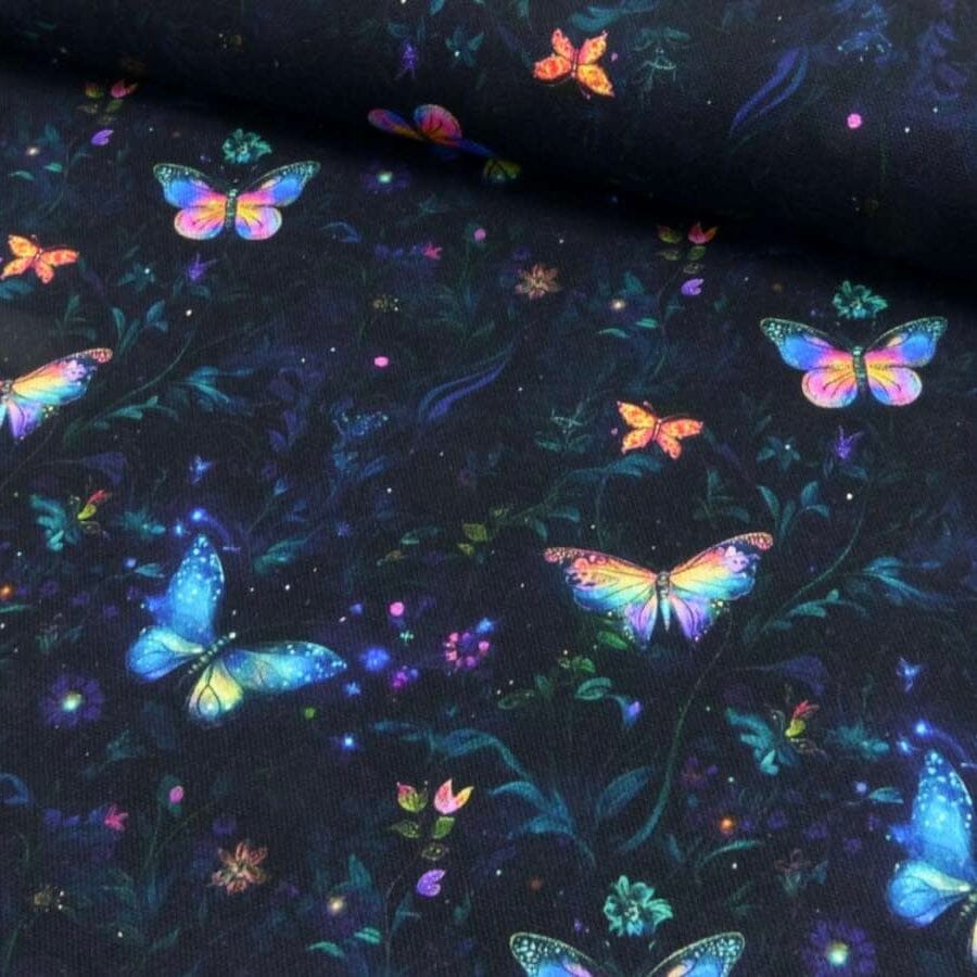 Canvas Dark Butterfly – robuster Dekostoff für Taschen & Wohnaccessoires  - Schwarz pink blau