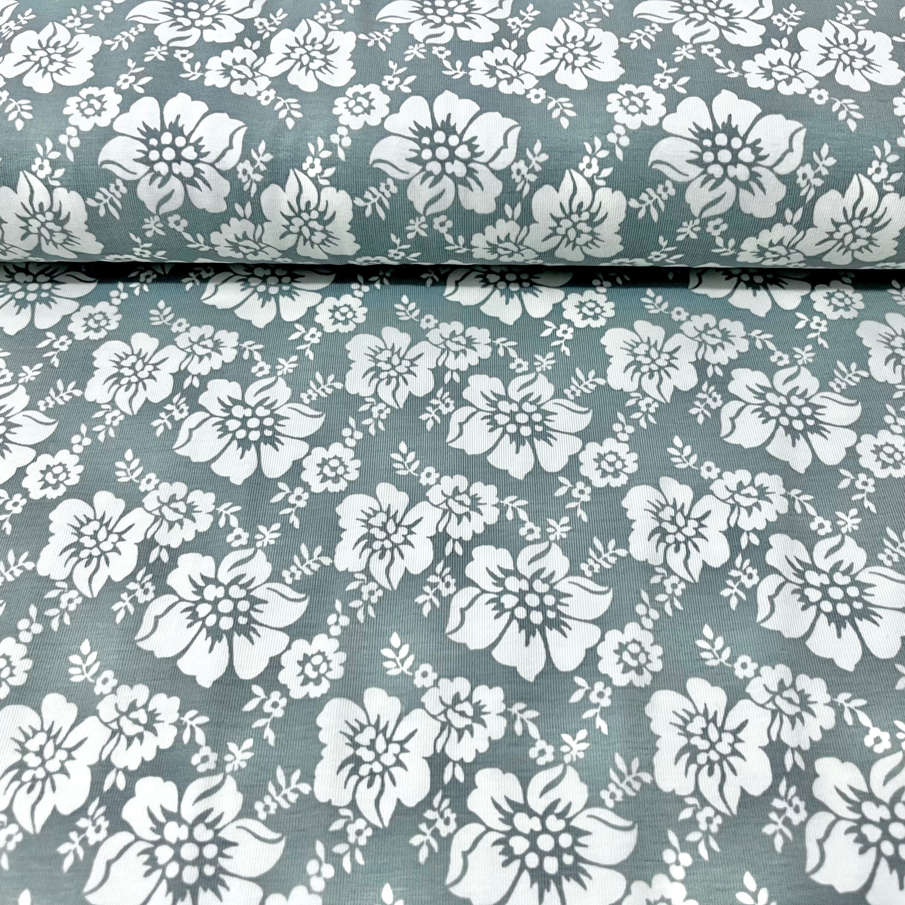 Baumwolljersey - Blumen - weiß auf grau Fabric poshpinks